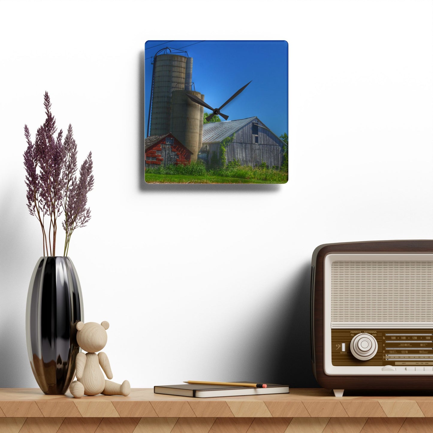 U R There Photography East Swaffer Grey and Little Red Rustic Farmhouse Acrylic Analog Wall Clock
