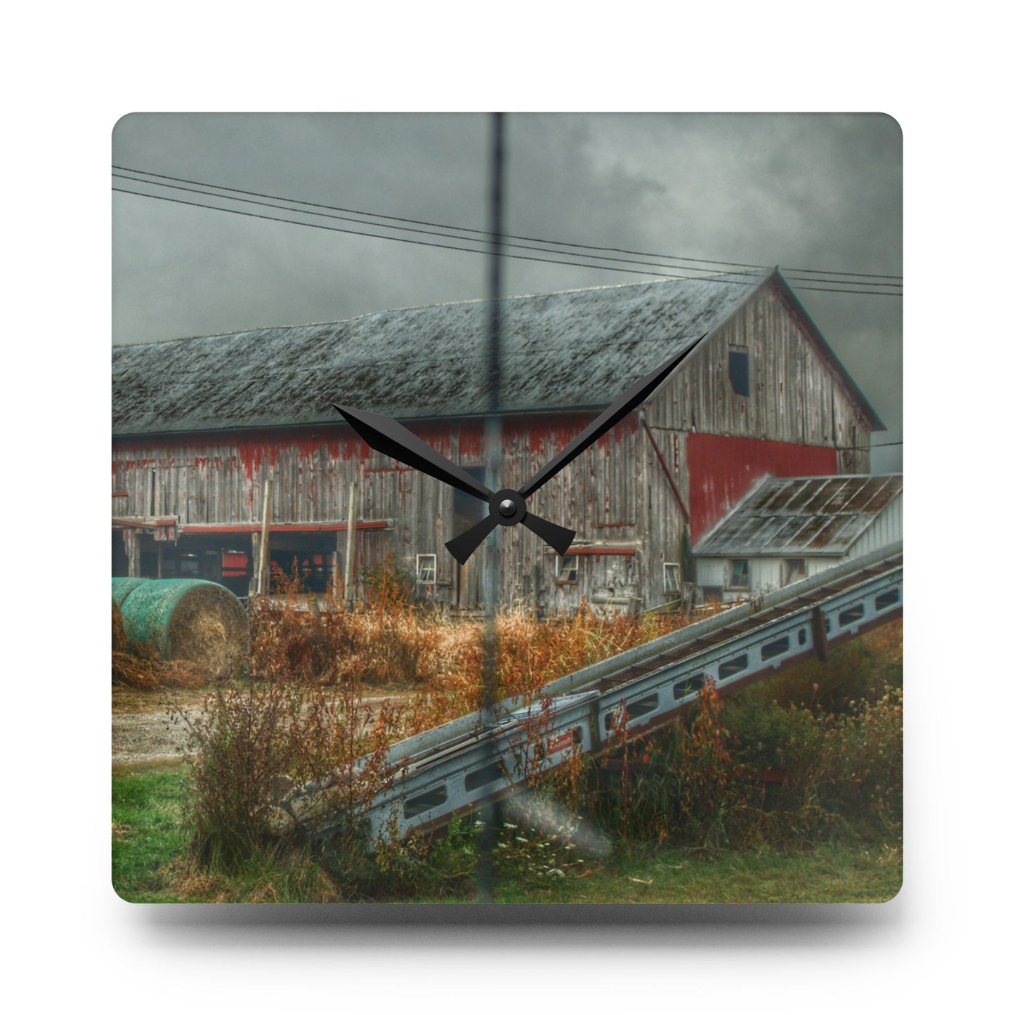 U R There Photography Richville Road Grey I Rustic Farmhouse Acrylic Analog Wall Clock