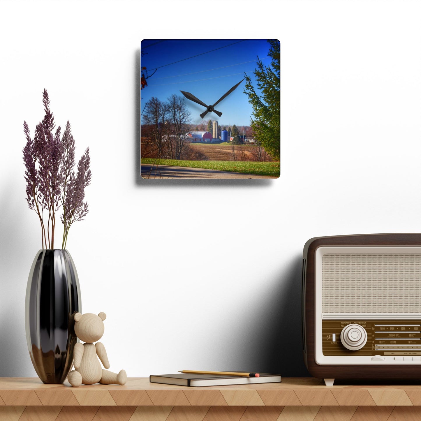 U R There Photography Across the Field on Brocker Road Rustic Farmhouse Acrylic Analog Wall Clock