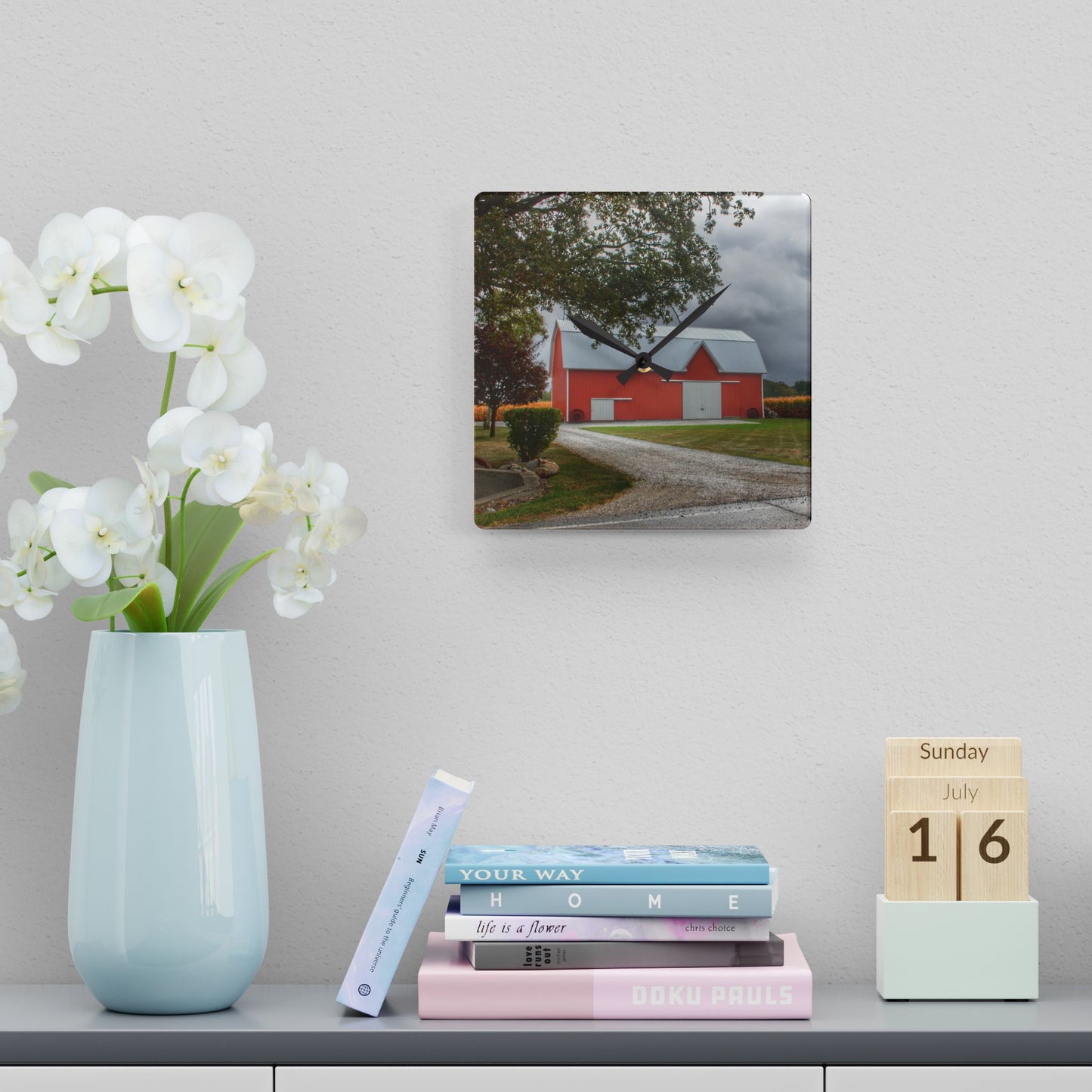 U R There Photography Richville Road Red Rustic Farmhouse Acrylic Analog Wall Clock