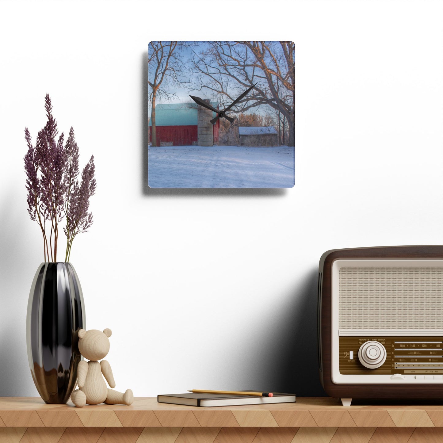 U R There Photography Webster Road Red I Rustic Farmhouse Acrylic Analog Wall Clock