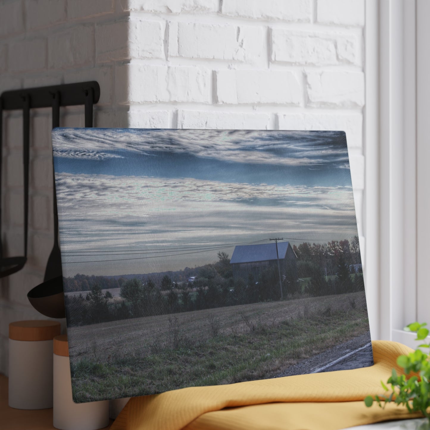 U R There Photography Burnside Road Grey Blues Rustic Farmhouse Tempered-Glass Cutting Board 8"x 11"
