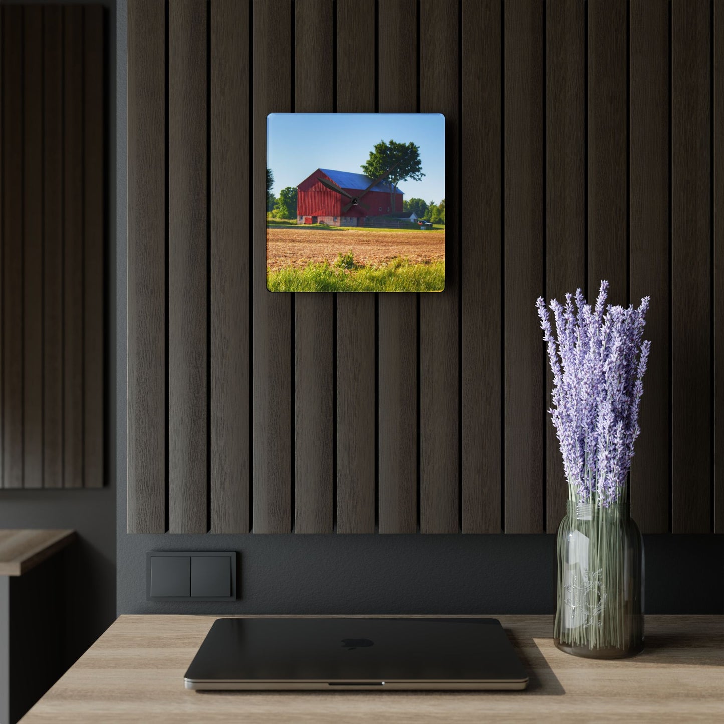 U R There Photography Morris Road Red Rustic Farmhouse Acrylic Analog Wall Clock