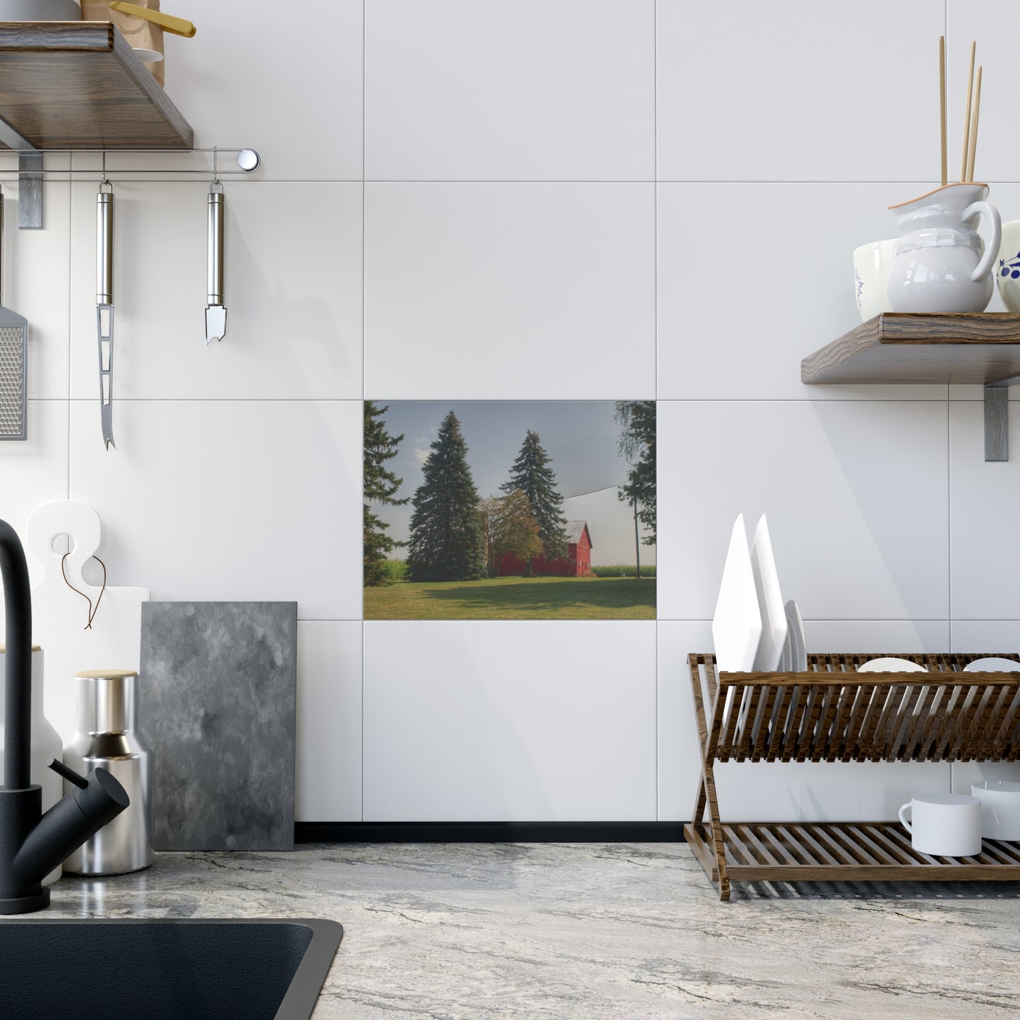 Rustic Farmhouse Wall Tile featuring Small Red Barn Beneath the Pines