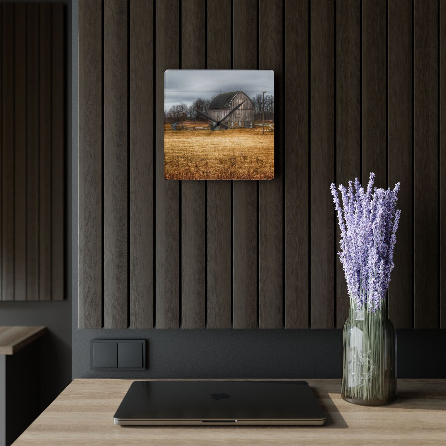 U R There Photography Laur Road Grey Rustic Farmhouse Acrylic Analog Wall Clock
