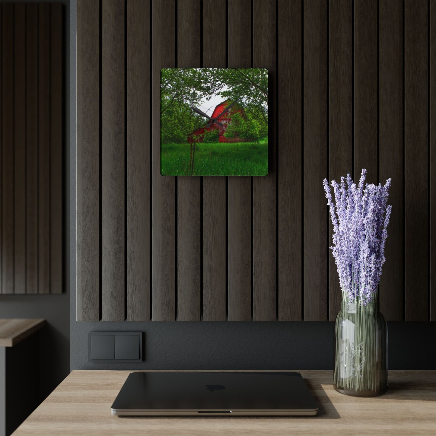 U R There Photography Bird Road Red Rustic Farmhouse Acrylic Analog Wall Clock