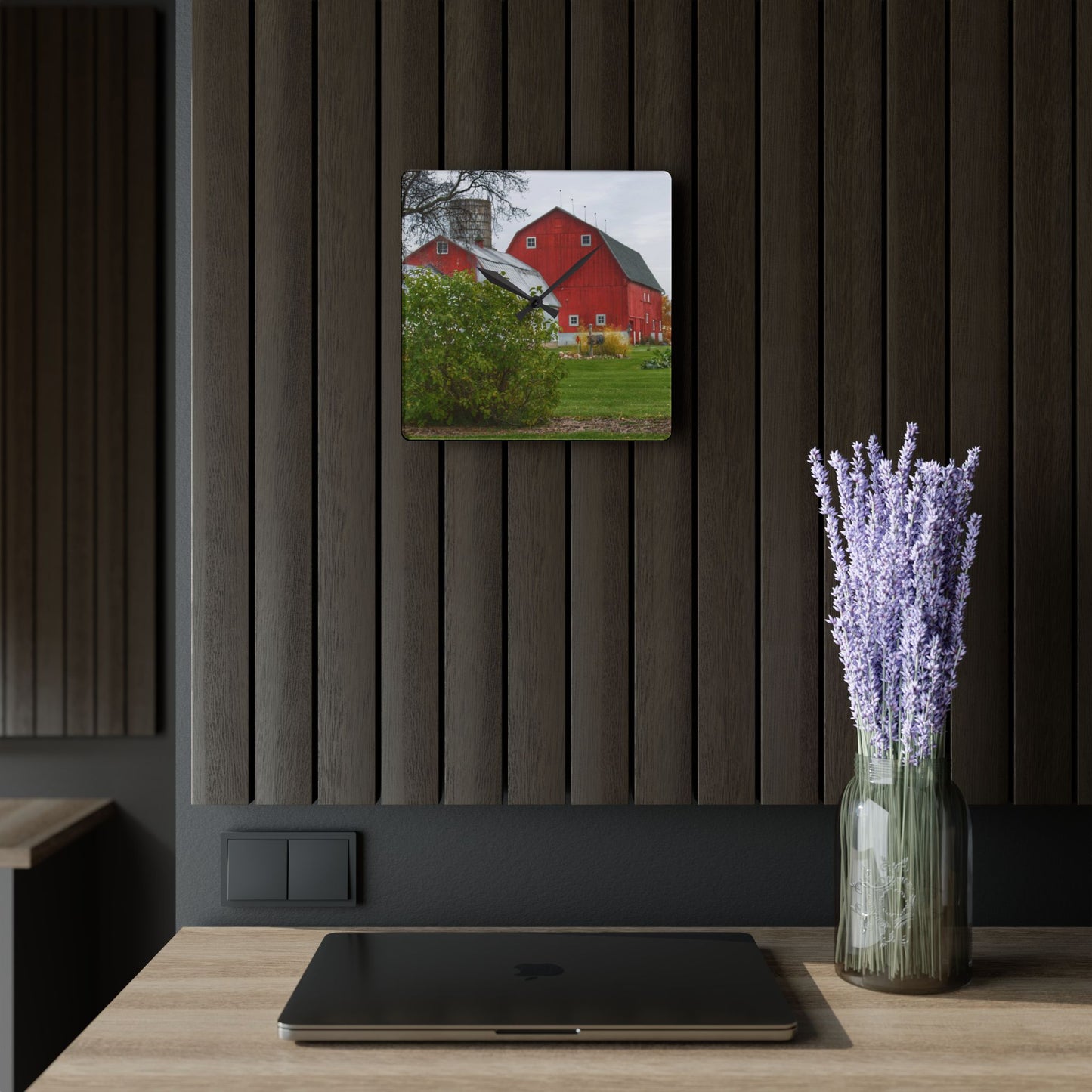 U R There Photography Potters Road Reds Rustic Farmhouse Acrylic Analog Wall Clock