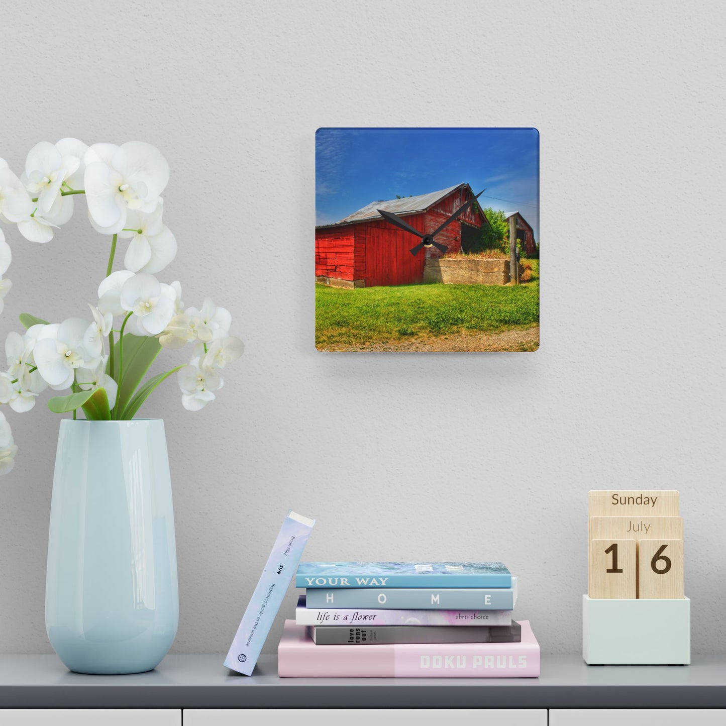 U R There Photography Marlette Road Saltbox Red Rustic Farmhouse Acrylic Analog Wall Clock
