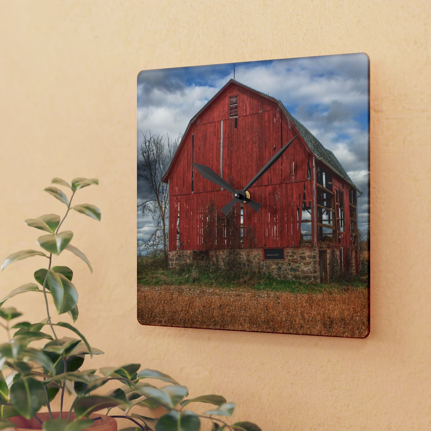 U R There Photography Laur Road Forgotten Red I Rustic Farmhouse Acrylic Analog Wall Clock
