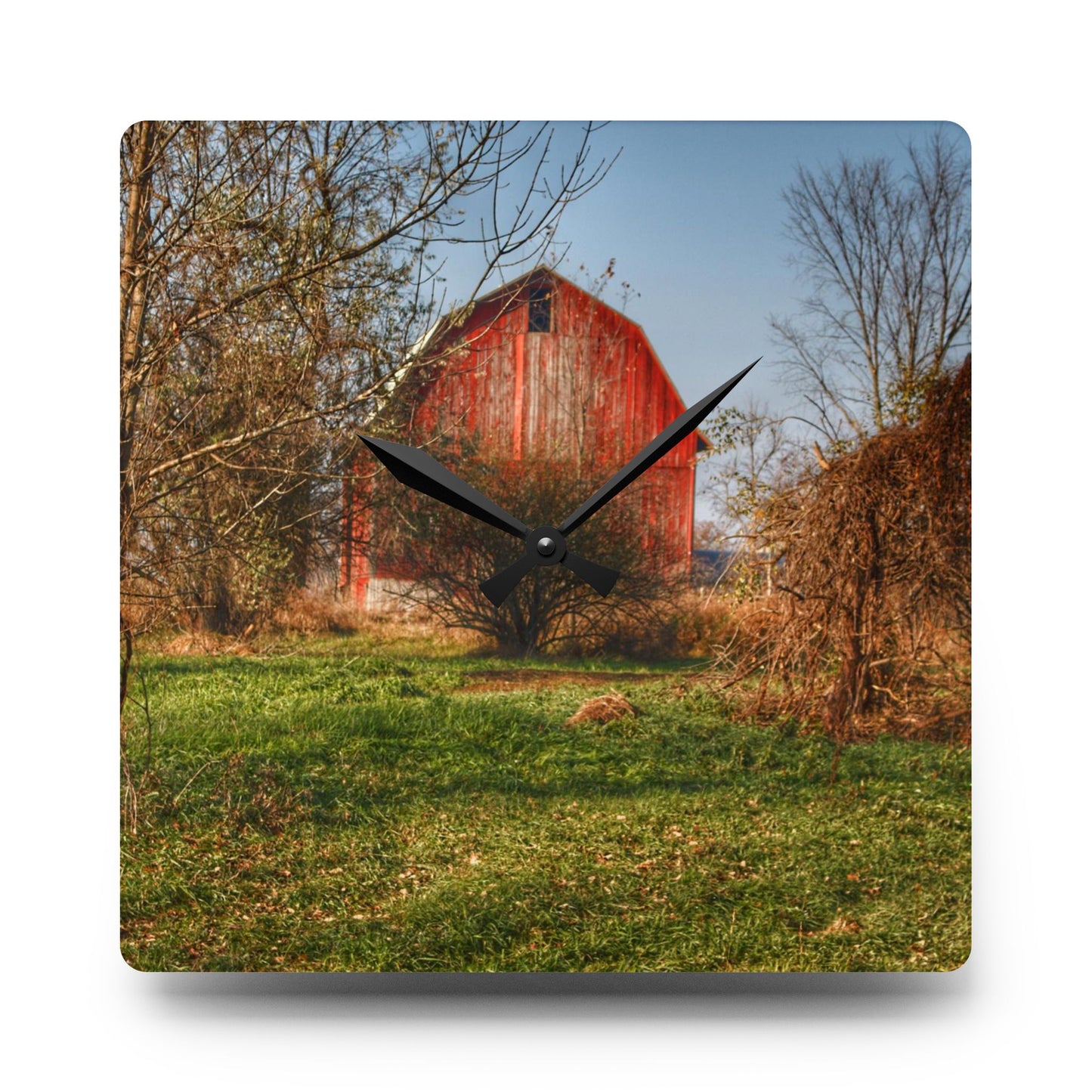 U R There Photography Columbiaville Red in November Rustic Farmhouse Acrylic Analog Wall Clock