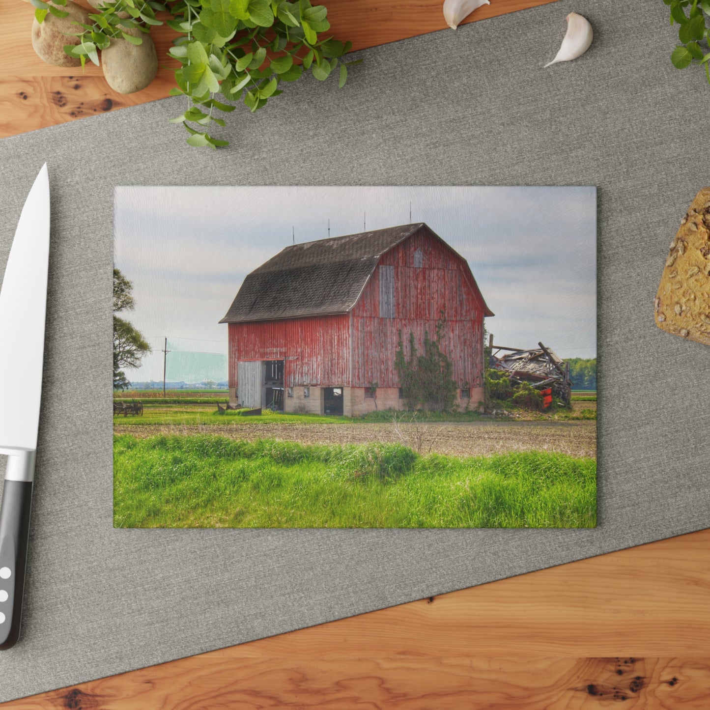 U R There Photography Unionville Elmwood Road Red II Rustic Farmhouse Tempered-Glass Cutting Board