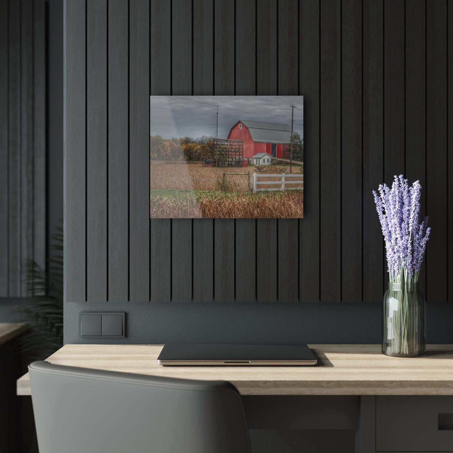 U R There Photography Barnes Road Red in Fall Rustic Farmhouse Acrylic Wall Print
