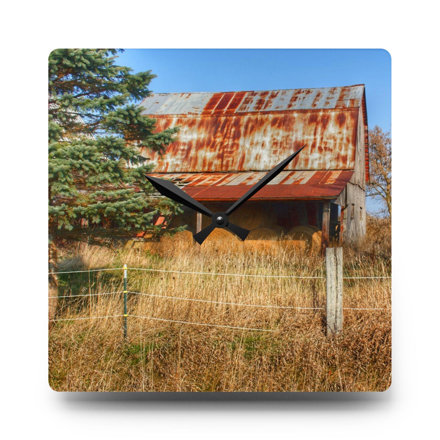 U R There Photography Dodge Road Hay Barn I Rustic Farmhouse Acrylic Analog Wall Clock