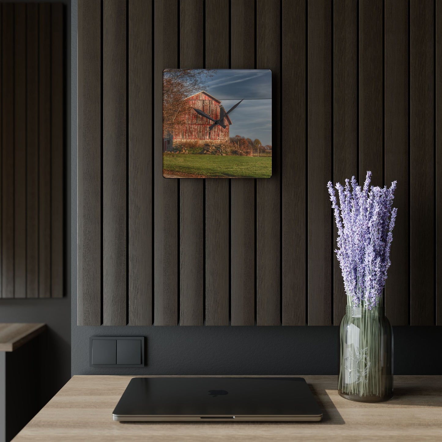 U R There Photography Marathon Road Red Cow Barn Rustic Farmhouse Acrylic Analog Wall Clock