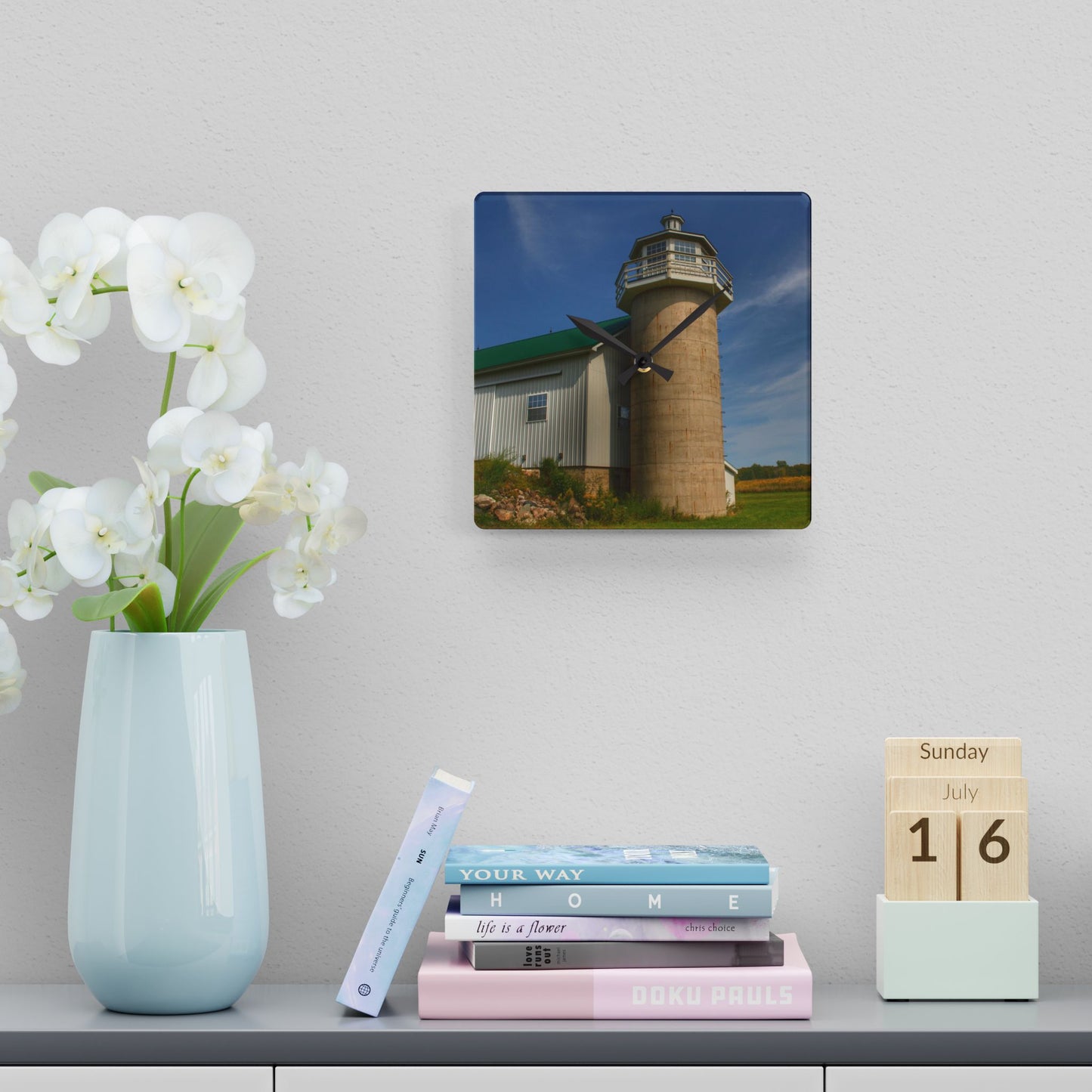 U R There Photography Phelps Road Lighthouse Barn II Rustic Farmhouse Acrylic Analog Wall Clock