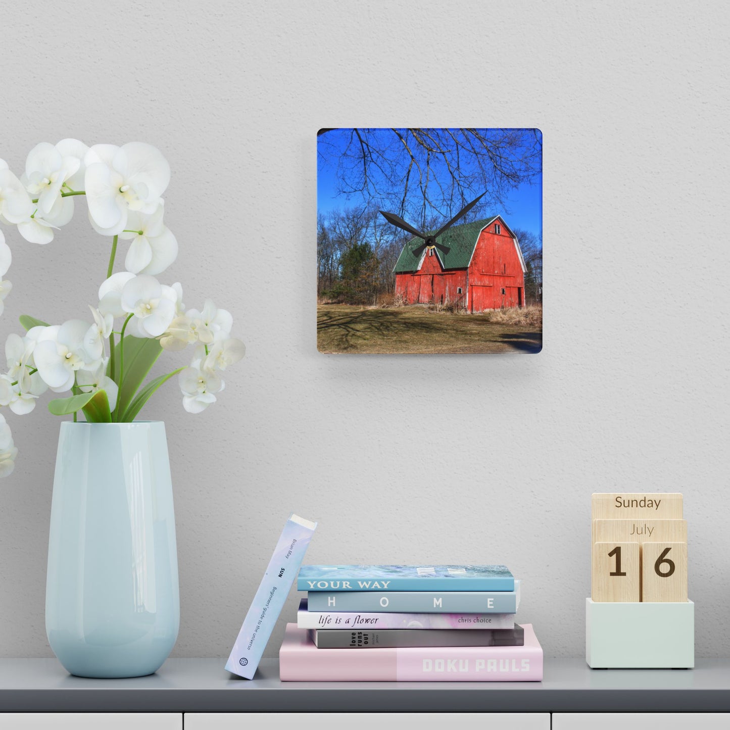 U R There Photography Hickory Ridge Red I Rustic Farmhouse Acrylic Analog Wall Clock