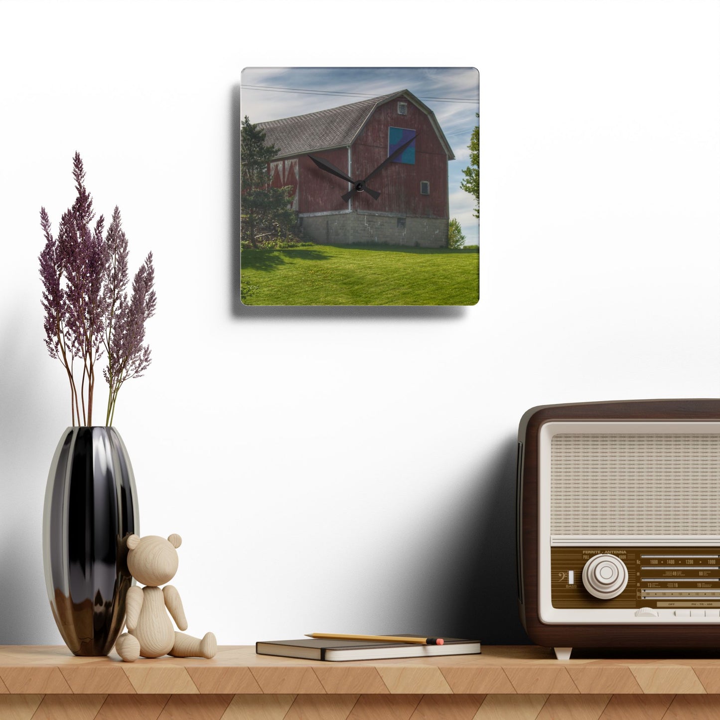 U R There Photography Mertz Road Quilted Red Rustic Farmhouse Acrylic Analog Wall Clock