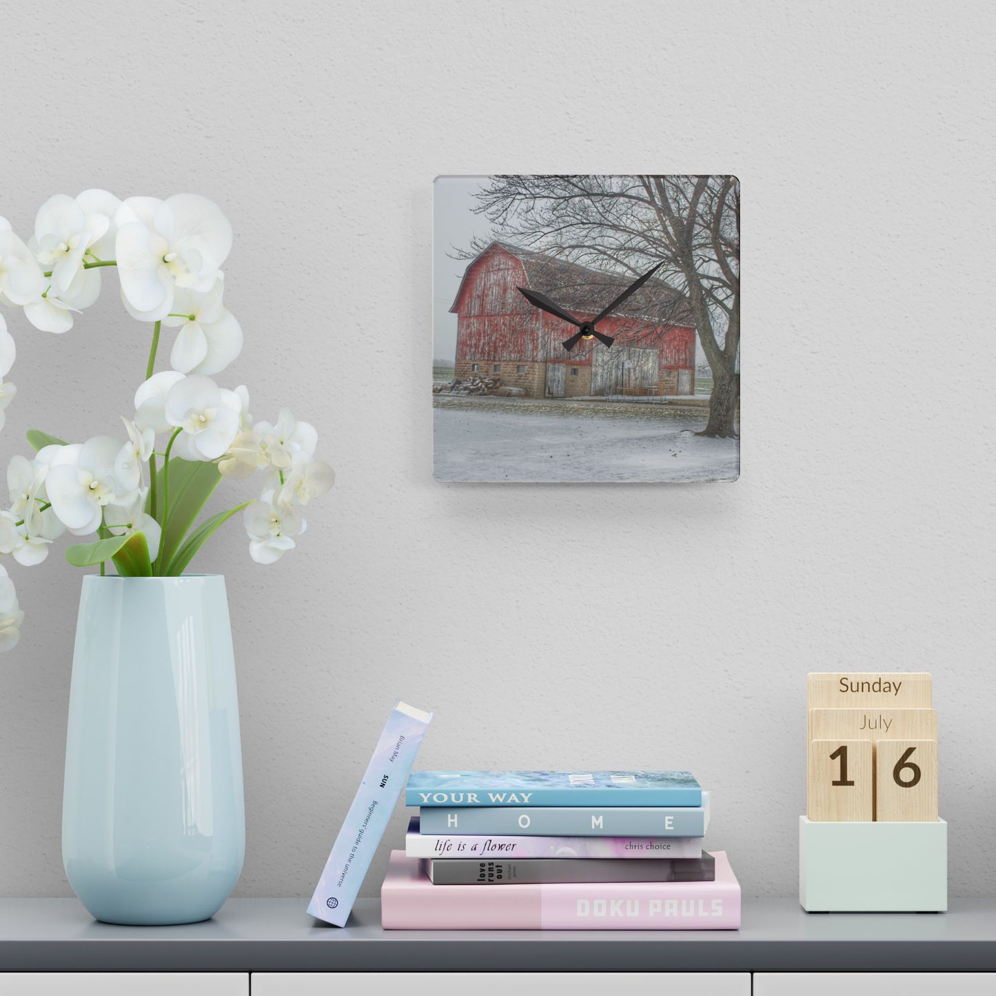 U R There Photography Cumber Road Red I Rustic Farmhouse Acrylic Analog Wall Clock