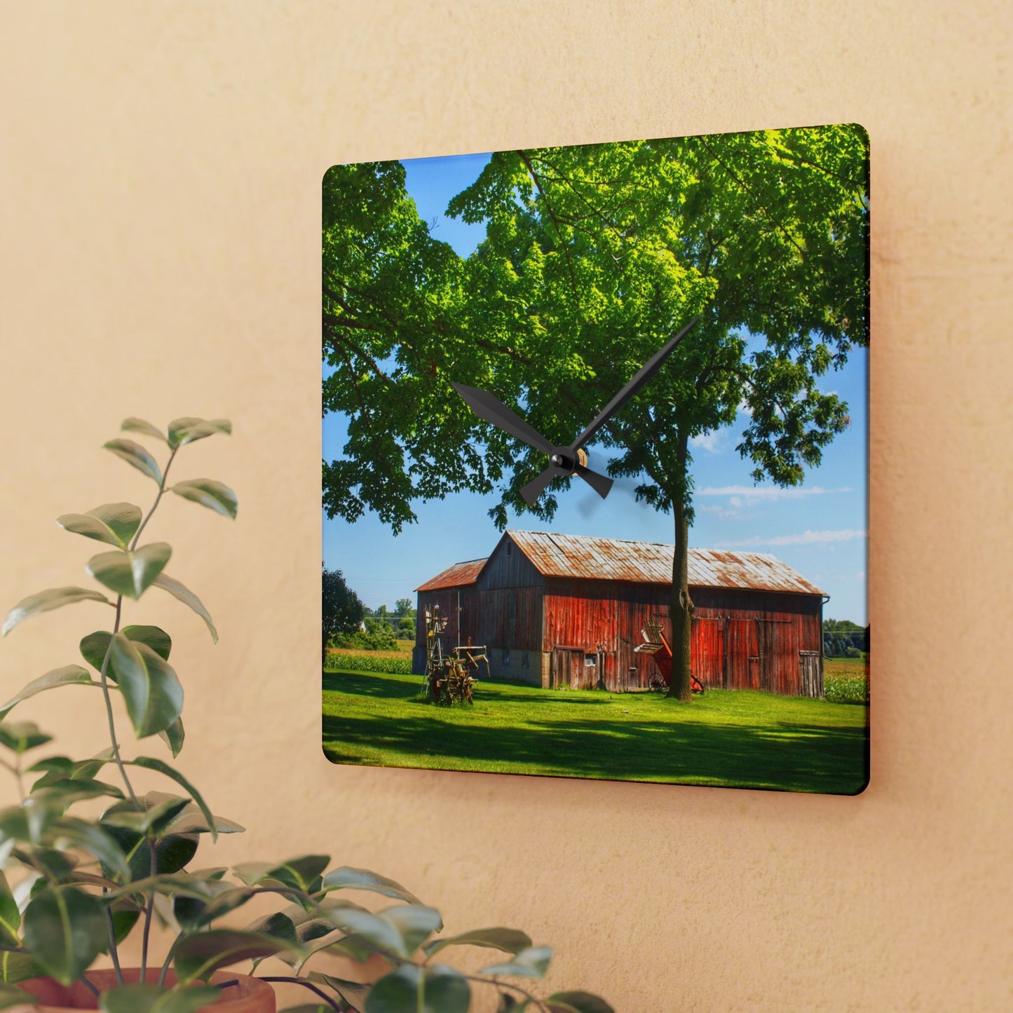 U R There Photography Hunters Creek Little Red Cow Barn Rustic Farmhouse Acrylic Analog Wall Clock
