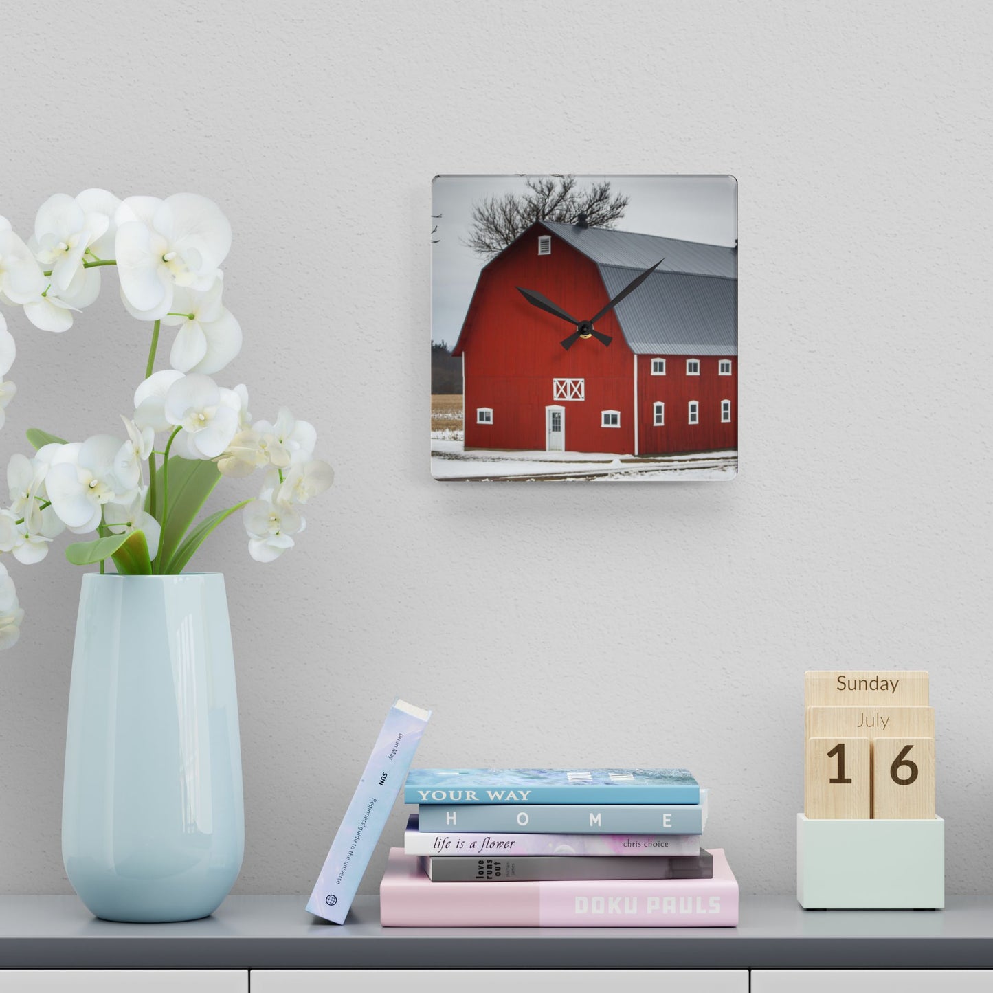 U R There Photography Hollow Corners Red Tree Silo II Rustic Farmhouse Acrylic Analog Wall Clock