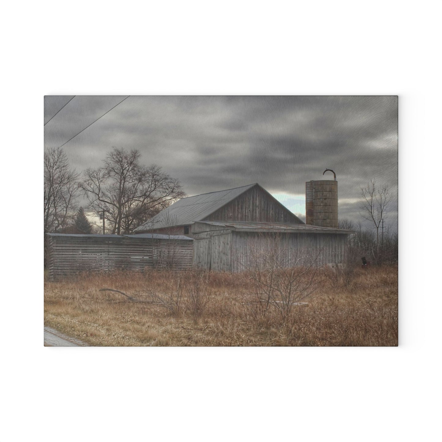 U R There Photography Church Road Grey I Rustic Farmhouse Tempered-Glass Cutting Board