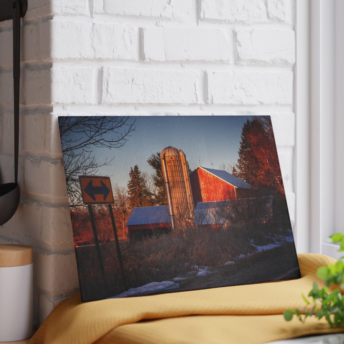 U R There Photography Mount Morris Road Reds and Silo in Winter Rustic Farmhouse Tempered-Glass Cutting Board