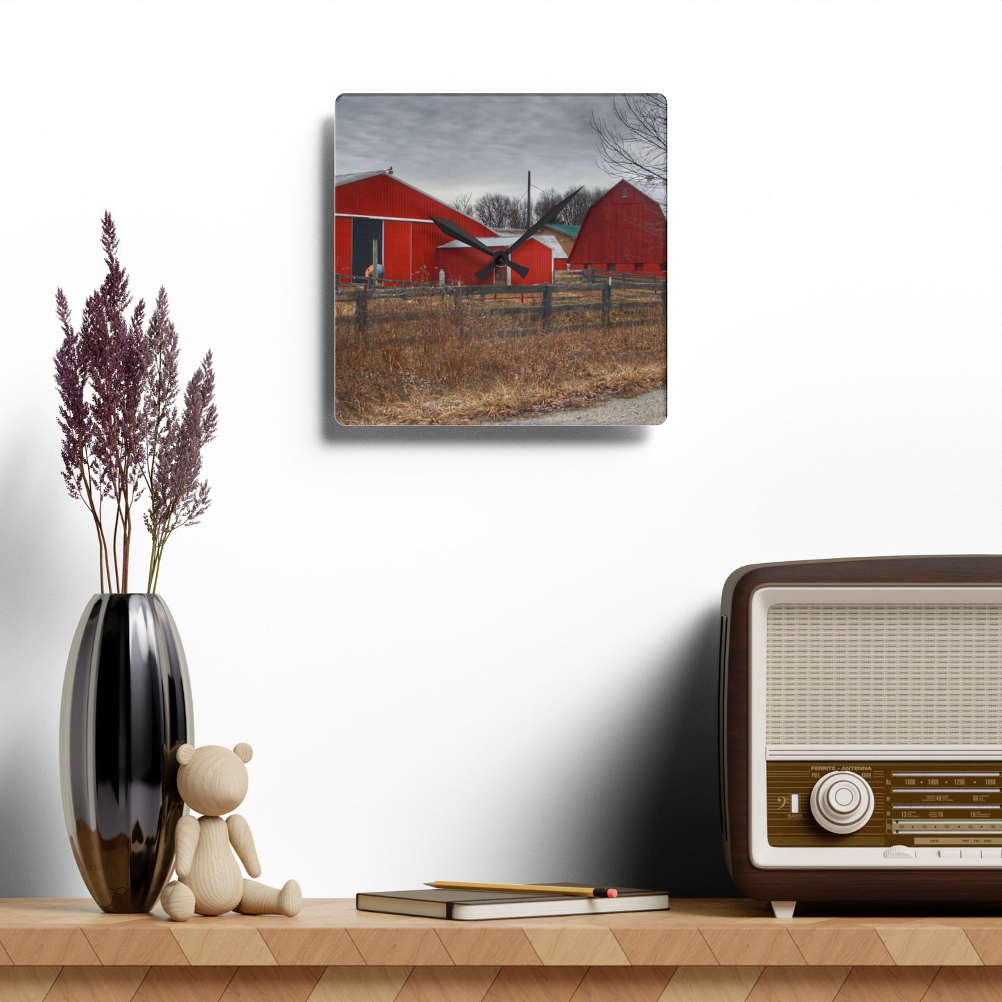 U R There Photography January Reds Rustic Farmhouse Acrylic Analog Wall Clock