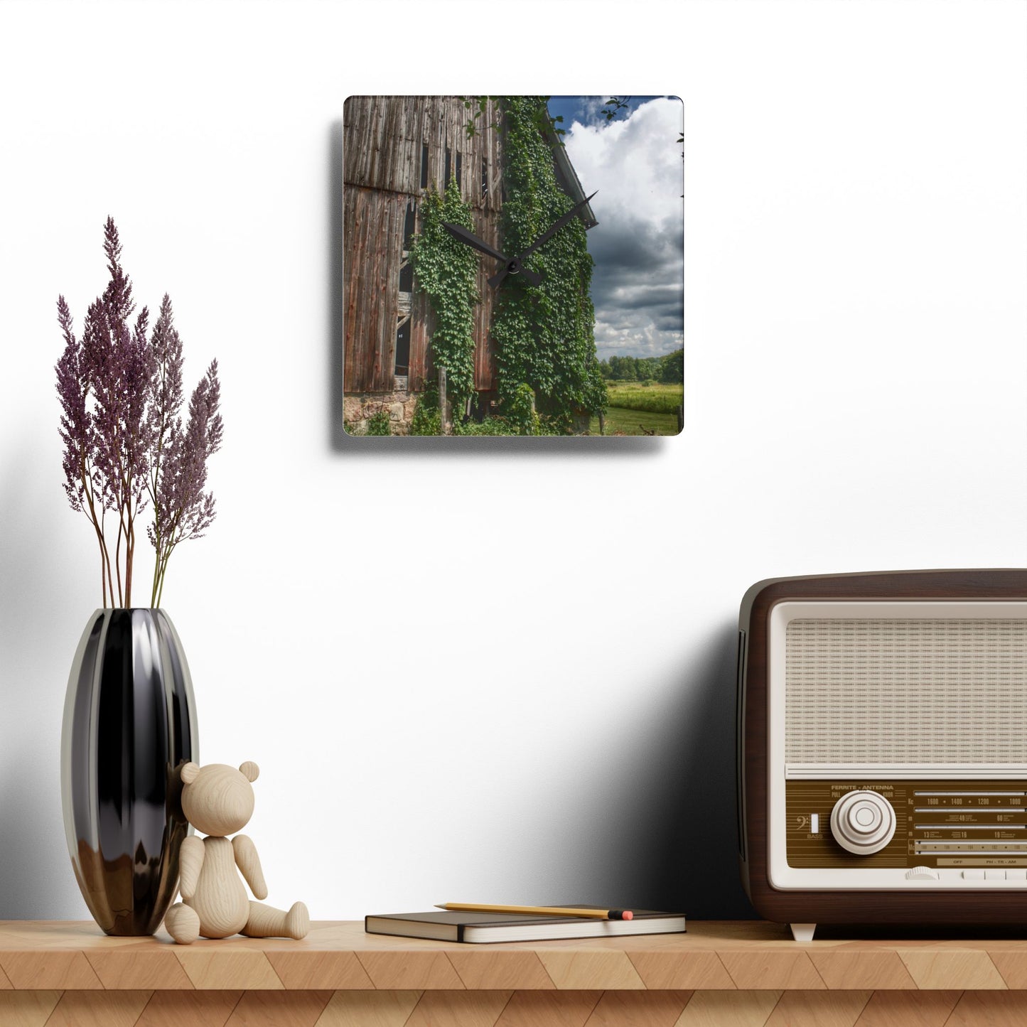 U R There Photography North Branch Ivy Grey II Rustic Farmhouse Acrylic Analog Wall Clock