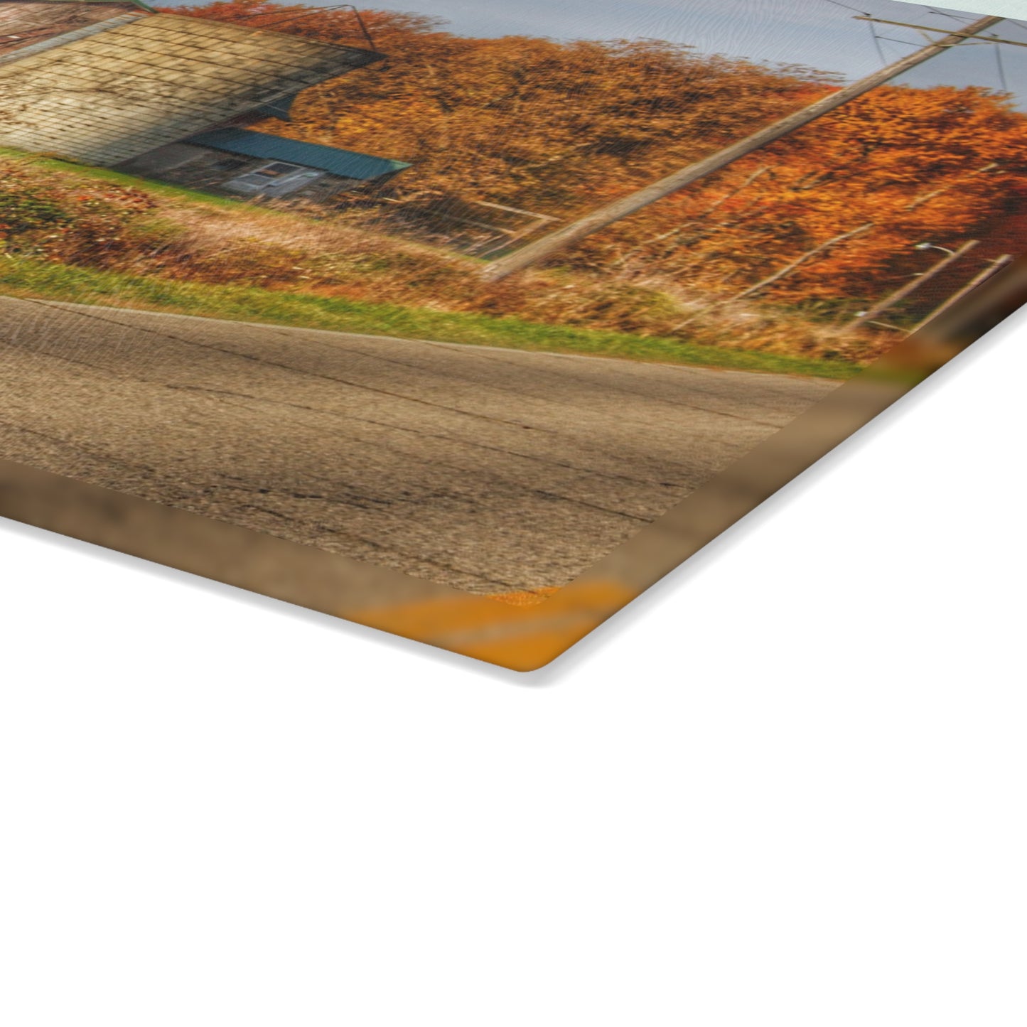 U R There Photography Plumb Creek Road Red in Fall II Rustic Farmhouse Tempered-Glass Cutting Board