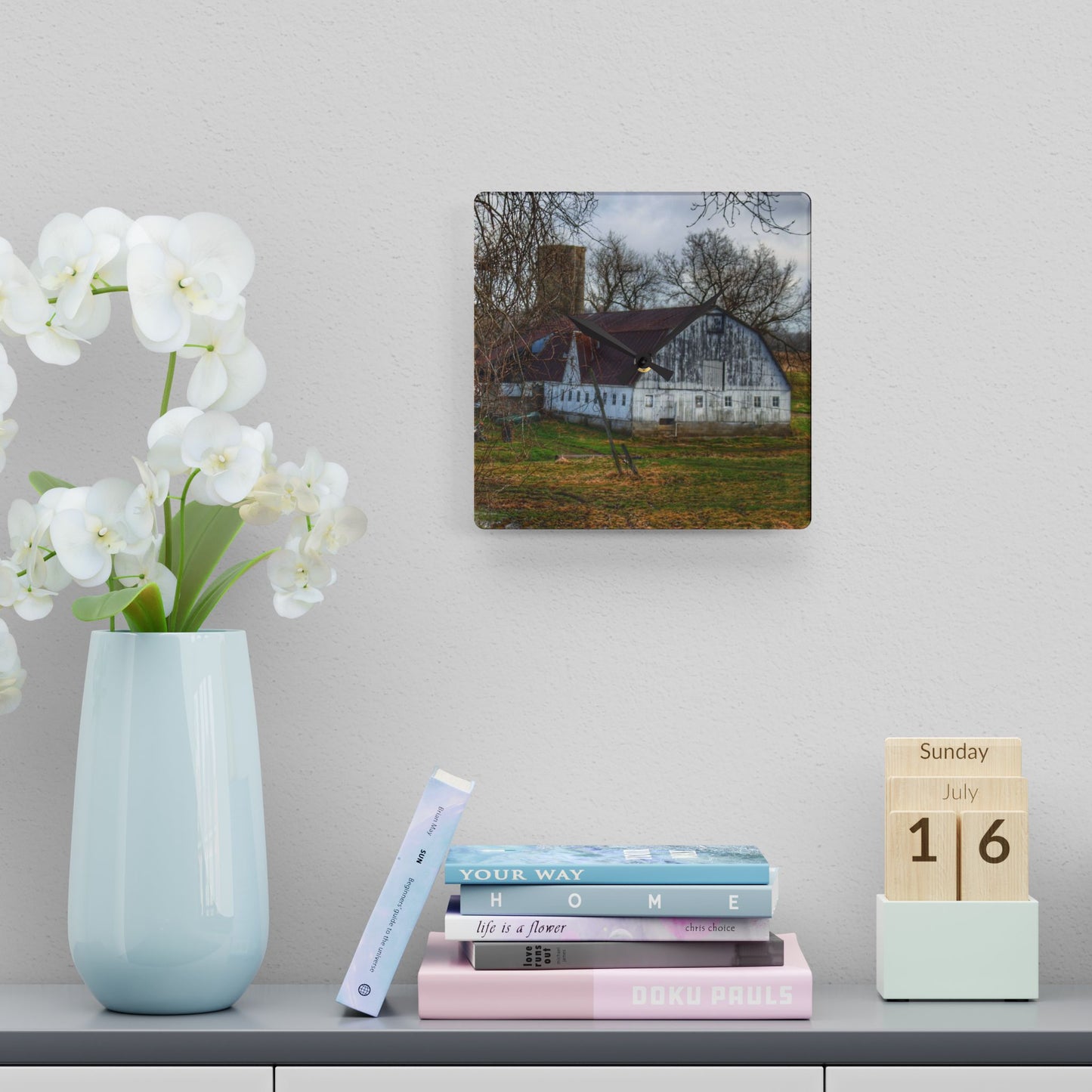 Rustic Farmhouse Wall Clock featuring Otter Lake Road White