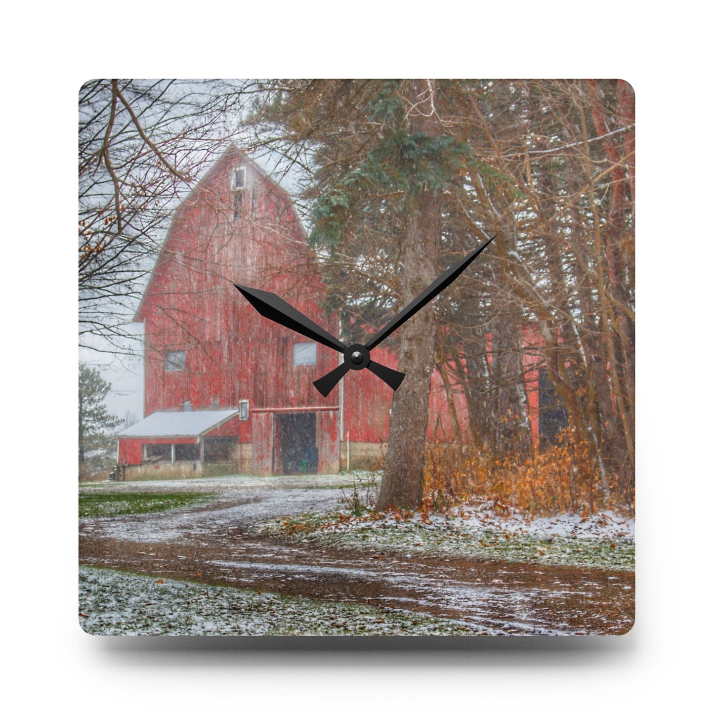 U R There Photography Tubspring Road Hidden Winter Red Rustic Farmhouse Acrylic Analog Wall Clock
