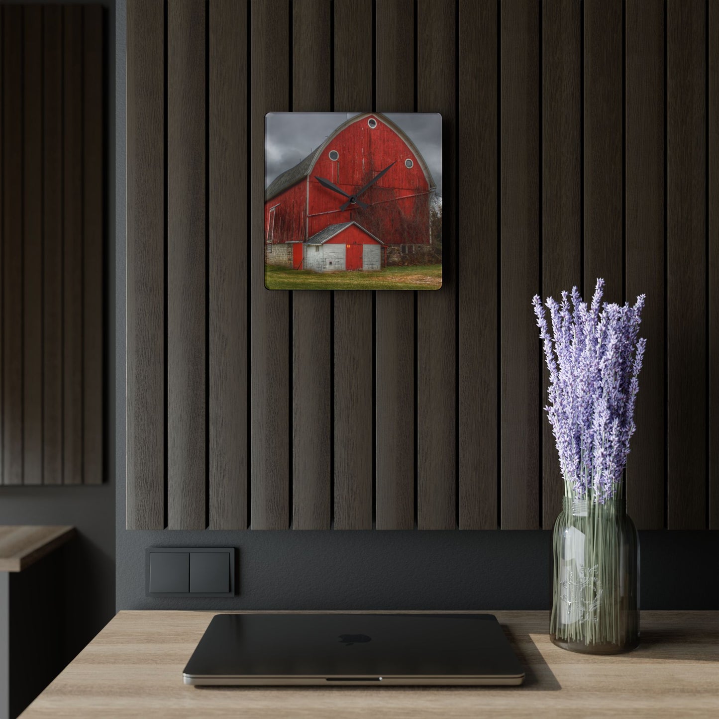 U R There Photography Slattery Road Fieldstone Red Rustic Farmhouse Acrylic Analog Wall Clock