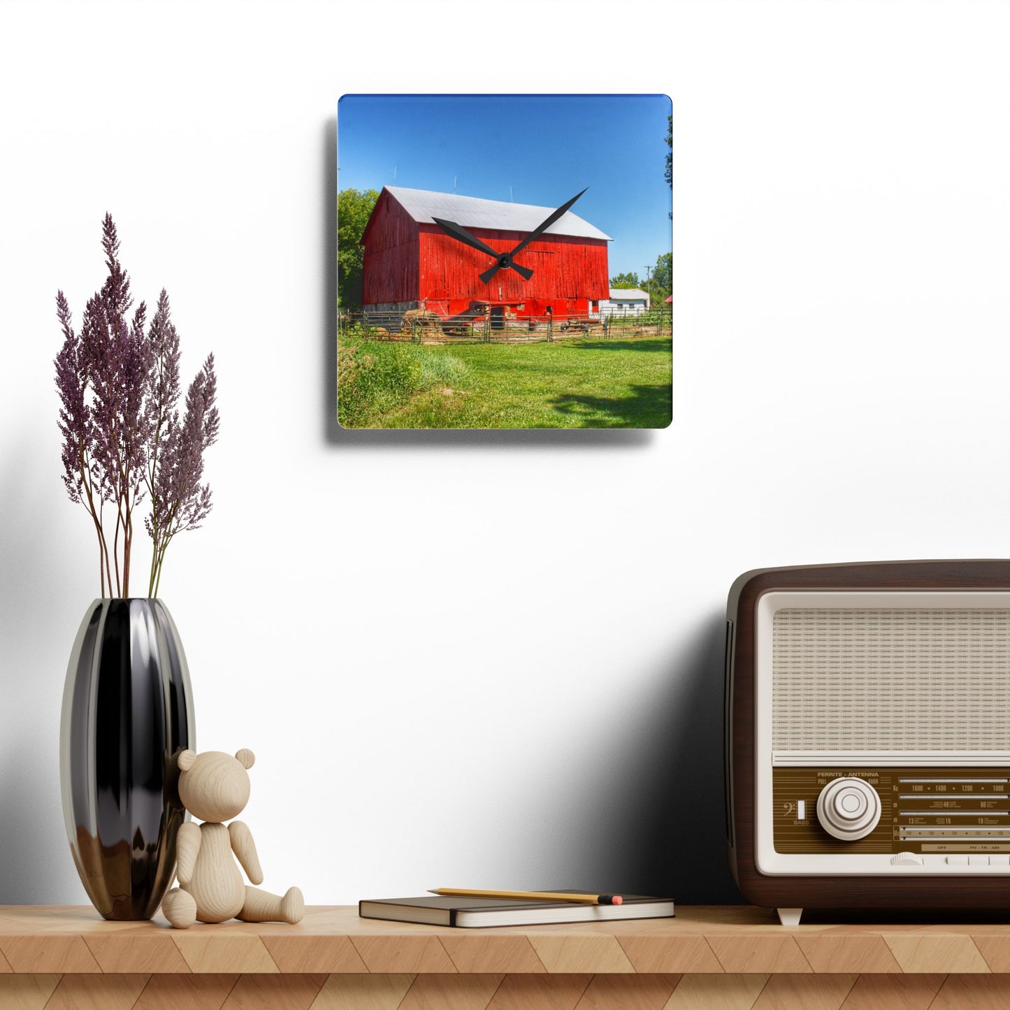 U R There Photography Harris Road Red Rustic Farmhouse Acrylic Analog Wall Clock