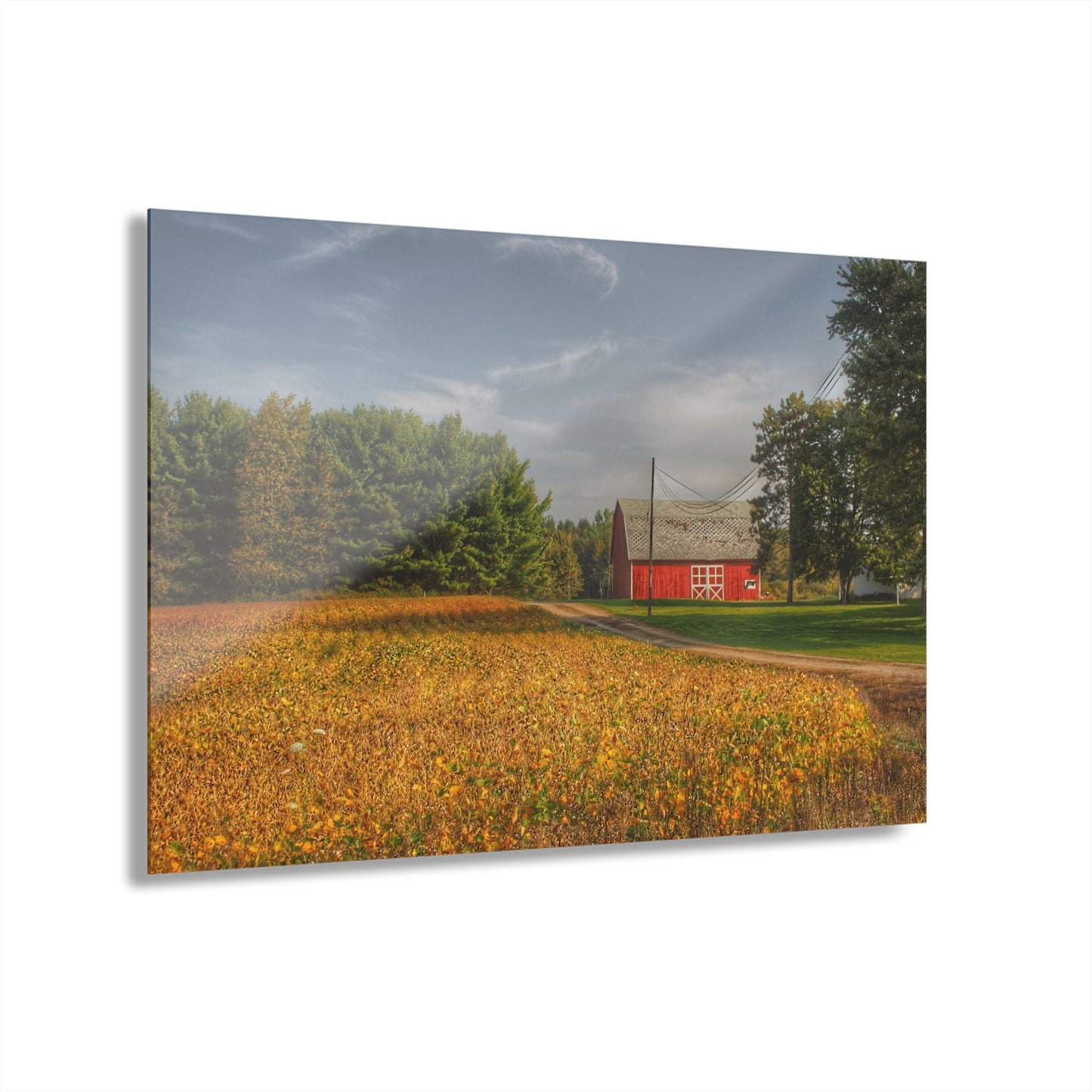 U R There Photography Red Barn on Golden Field Rustic Farmhouse Acrylic Analog Wall Clock