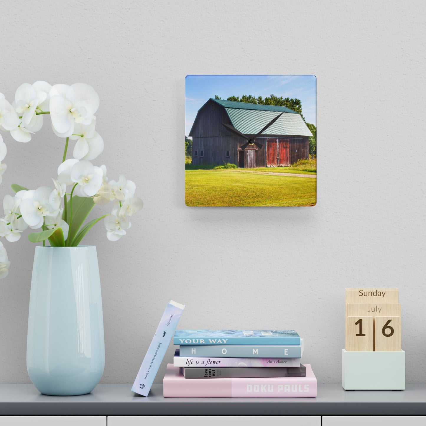 U R There Photography Red Door Barn of Mount Morris Road Rustic Farmhouse Acrylic Analog Wall Clock