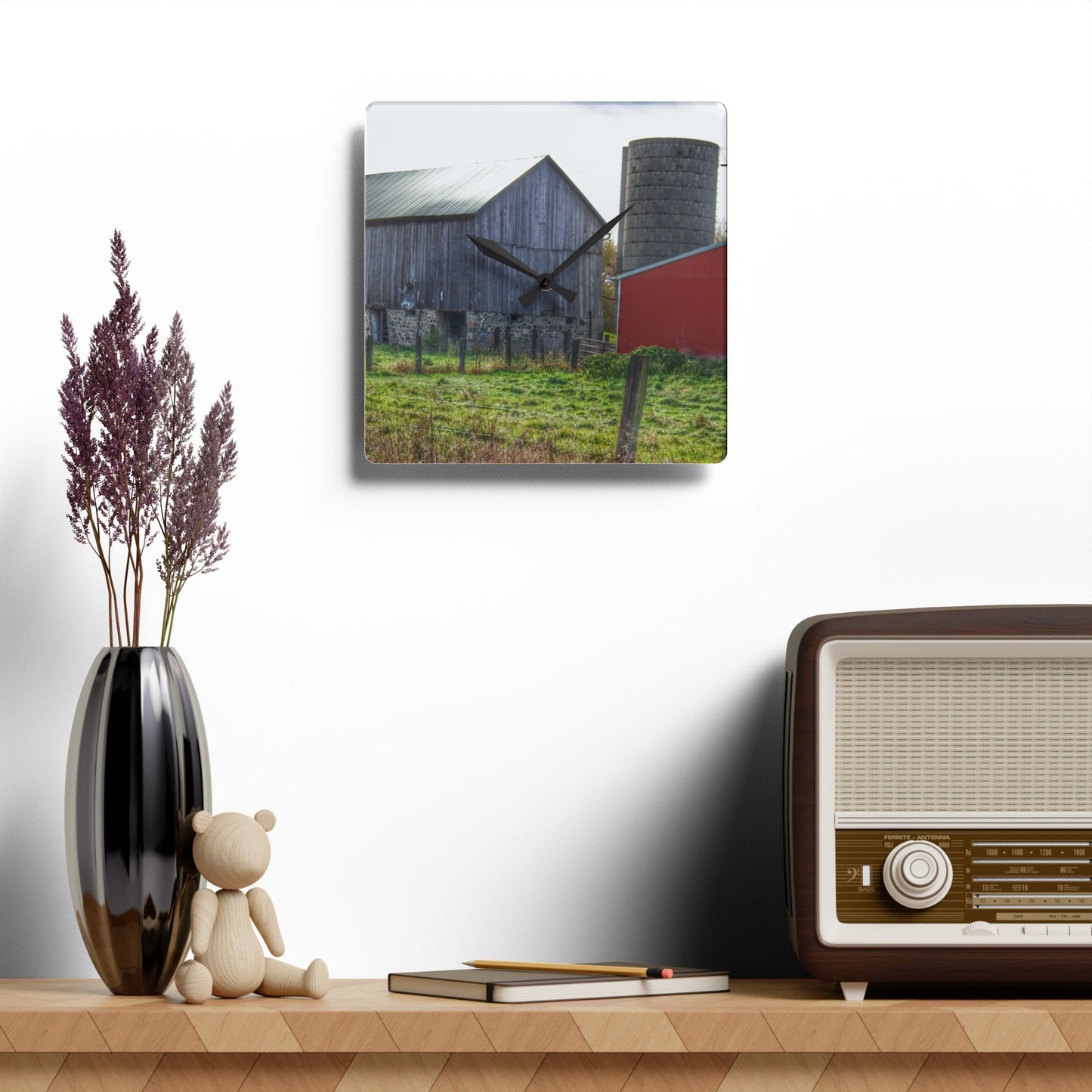 U R There Photography Slattery Road Fieldstone Grey Rustic Farmhouse Acrylic Analog Wall Clock