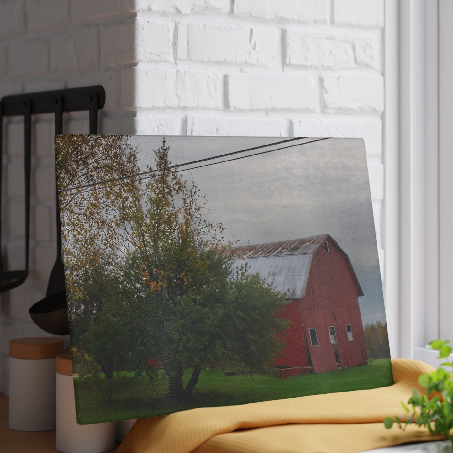 U R There Photography Perry Road Tilted Red Rustic Farmhouse Tempered-Glass Cutting Board