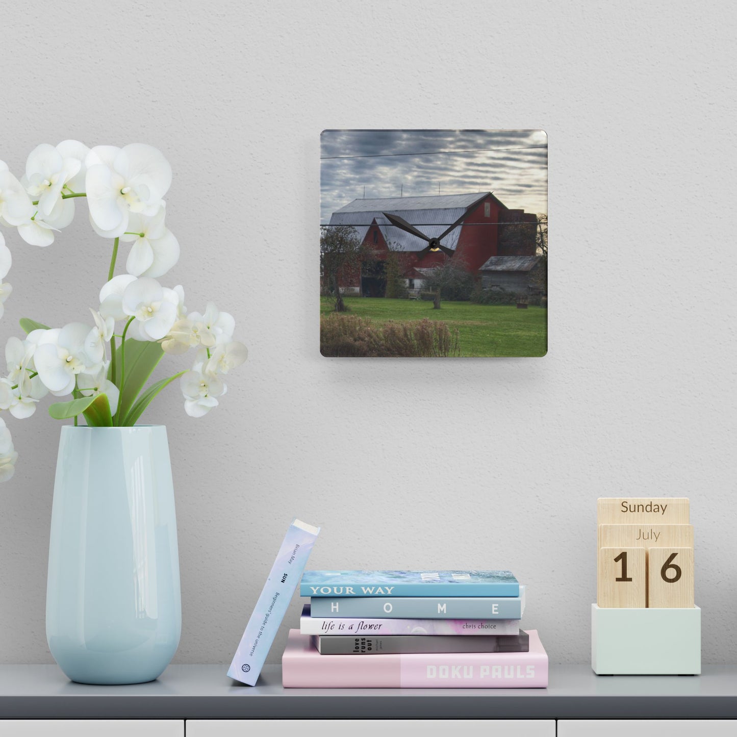 U R There Photography Dodge Road Red II Rustic Farmhouse Acrylic Analog Wall Clock