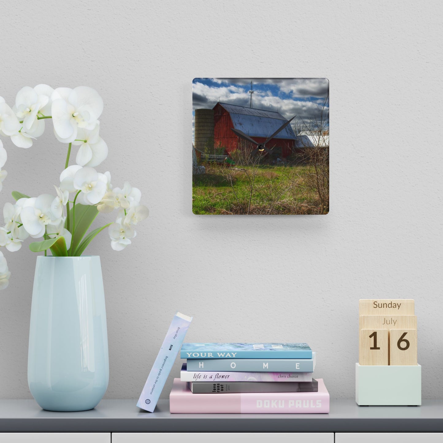 U R There Photography McDowell Road Reds III Rustic Farmhouse Acrylic Analog Wall Clock