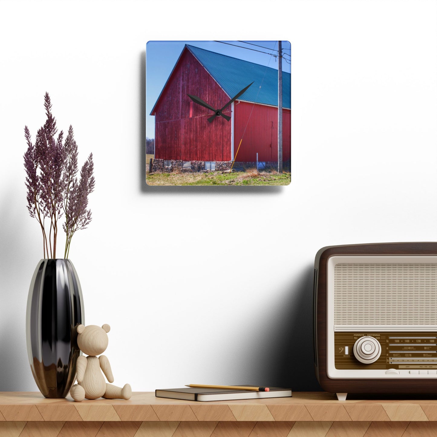 U R There Photography Imlay City Road Red II Rustic Farmhouse Acrylic Analog Wall Clock