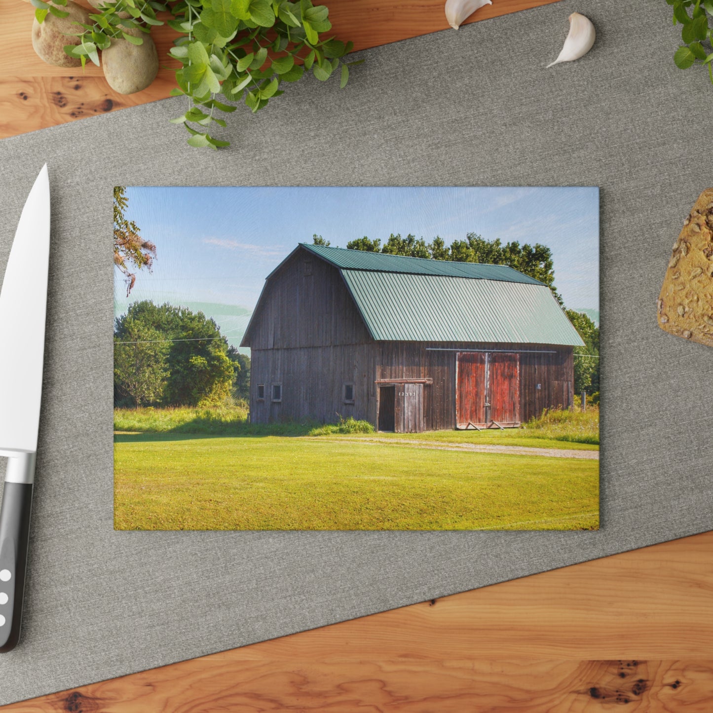 U R There Photography Red Door Barn of Mount Morris Road Rustic Farmhouse Tempered-Glass Cutting Board