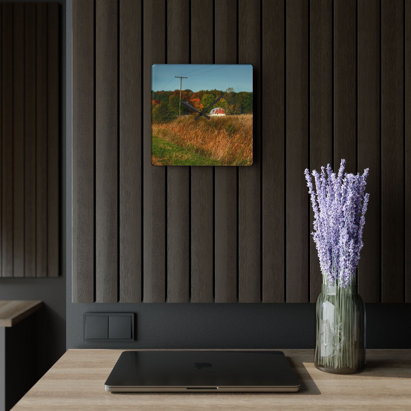 U R There Photography Murphy Lake Road Hidden Red Rustic Farmhouse Acrylic Analog Wall Clock