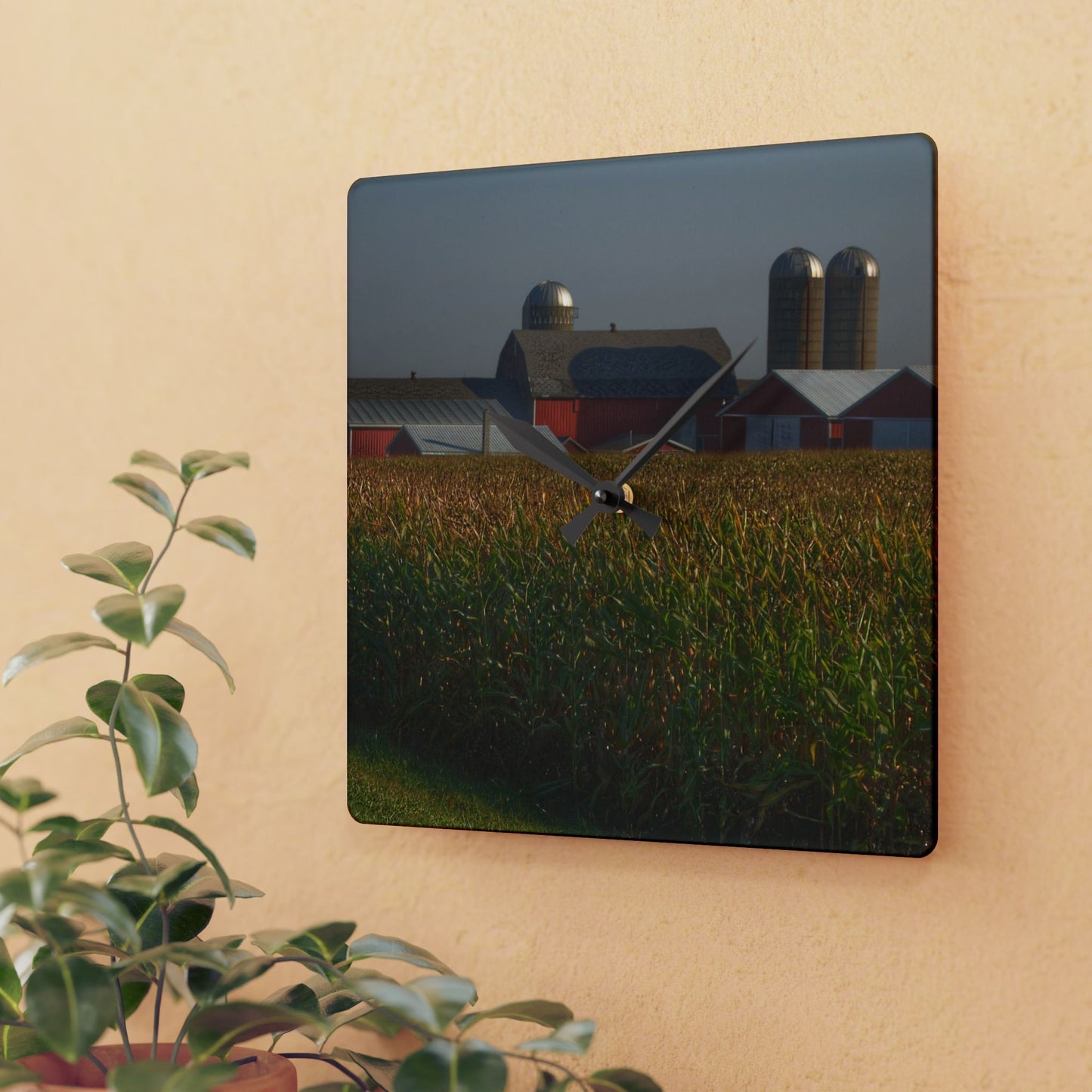 U R There Photography Slattery Road Farm and Cornfield II Rustic Farmhouse Acrylic Analog Wall Clock