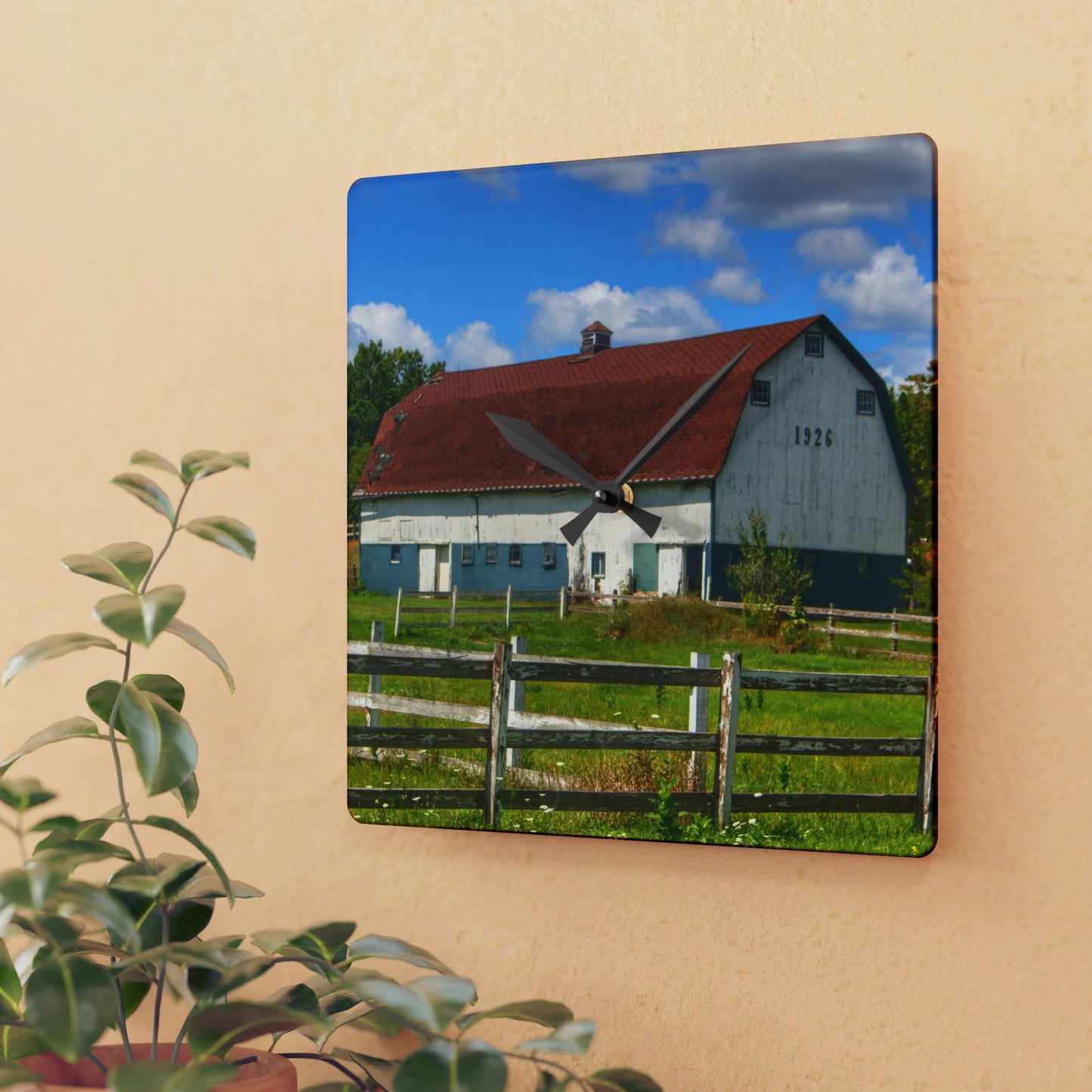 U R There Photography Beyond the Fence on Clark Road Rustic Farmhouse Acrylic Analog Wall Clock