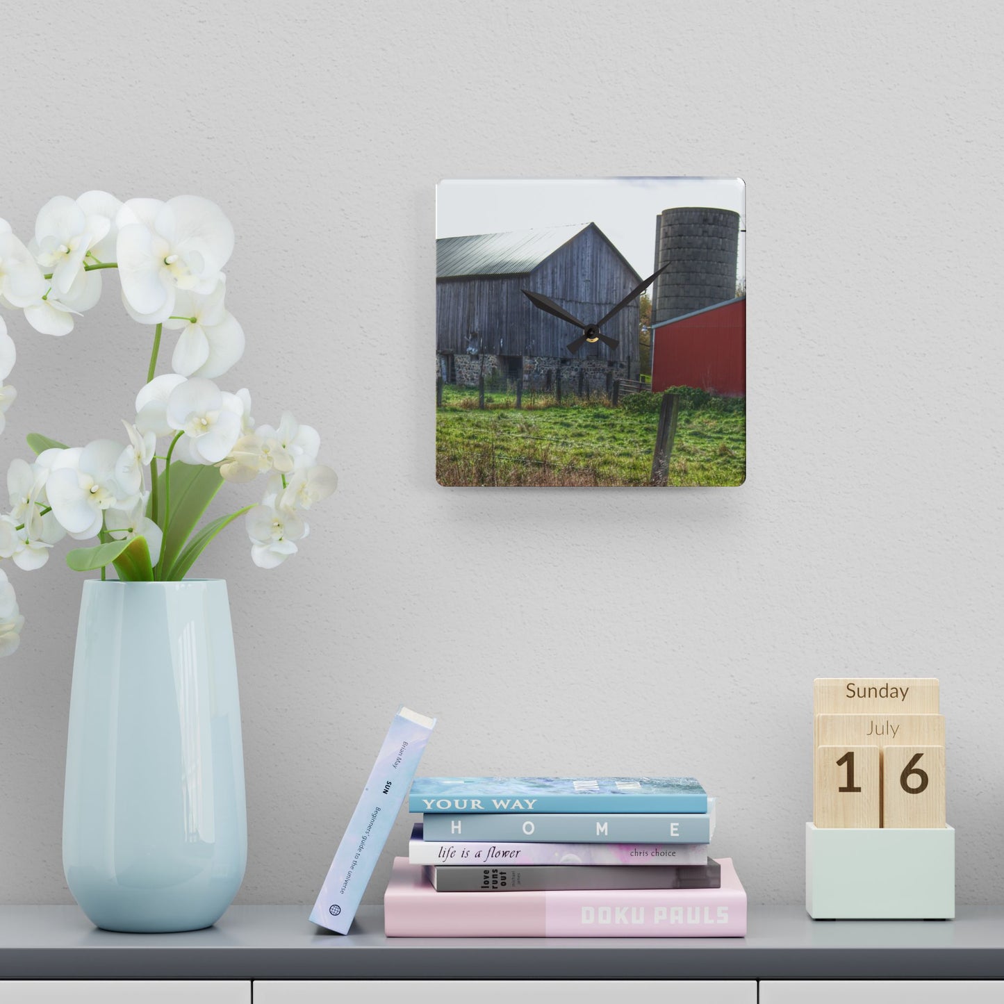 U R There Photography Slattery Road Fieldstone Grey Rustic Farmhouse Acrylic Analog Wall Clock