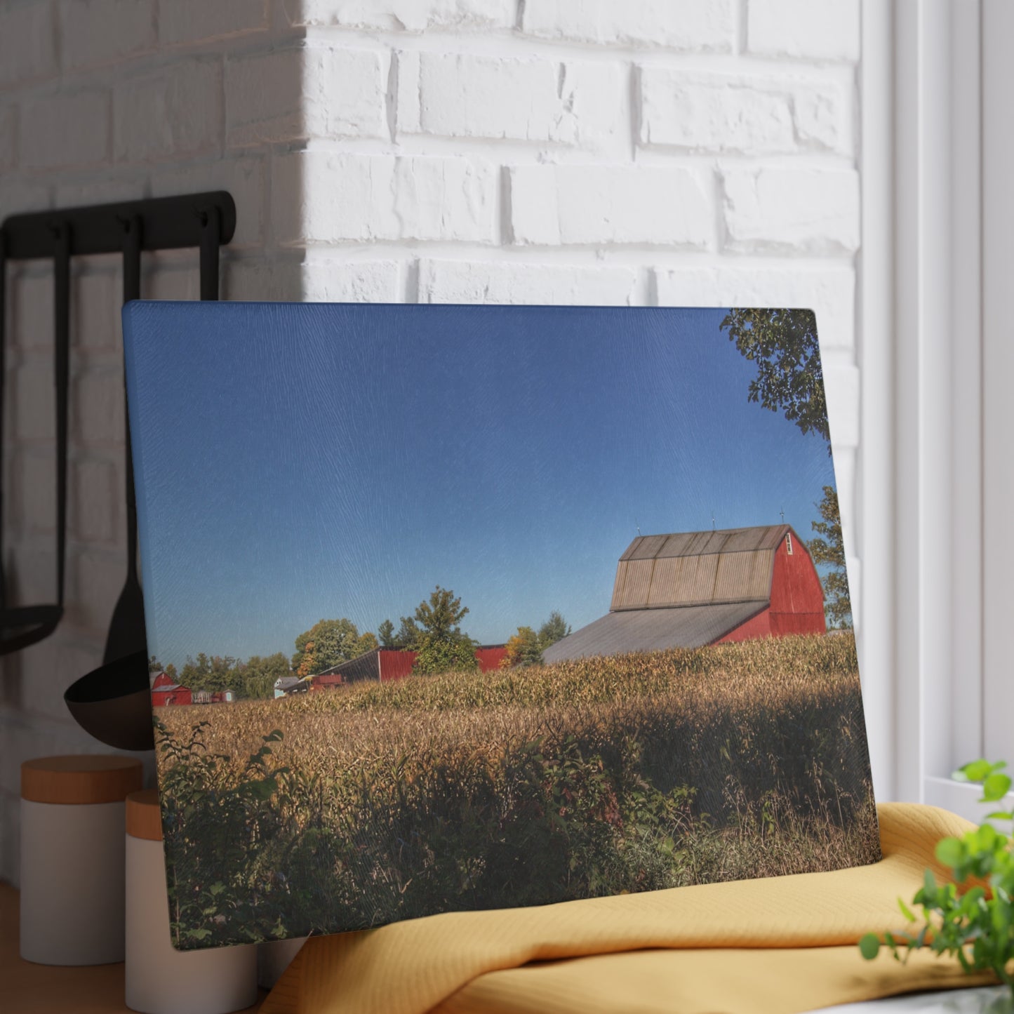 U R There Photography Red Saltbox Barn Rustic Farmhouse Tempered-Glass Cutting Board