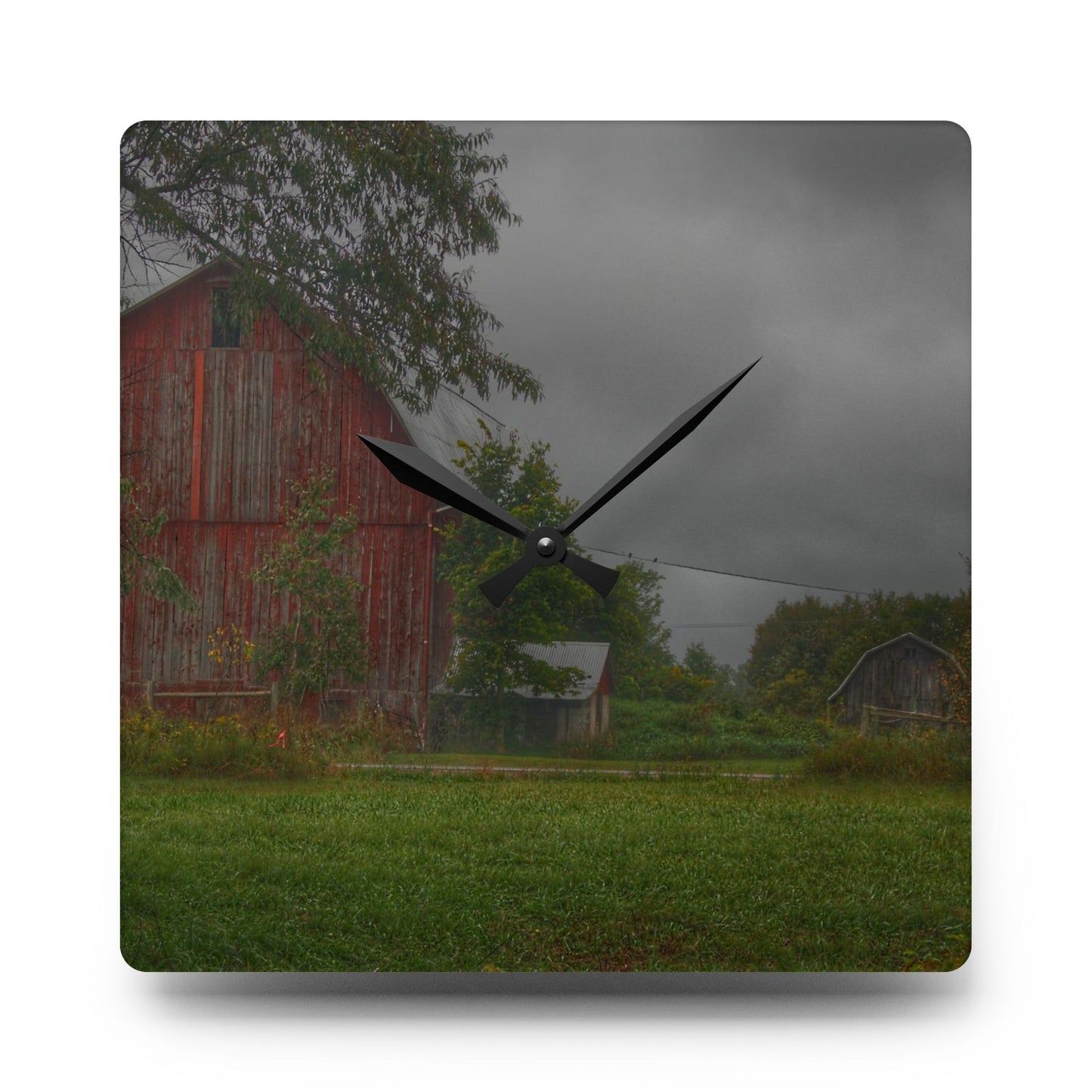 U R There Photography Columbiaville Red and Little Grey Rustic Farmhouse Acrylic Analog Wall Clock
