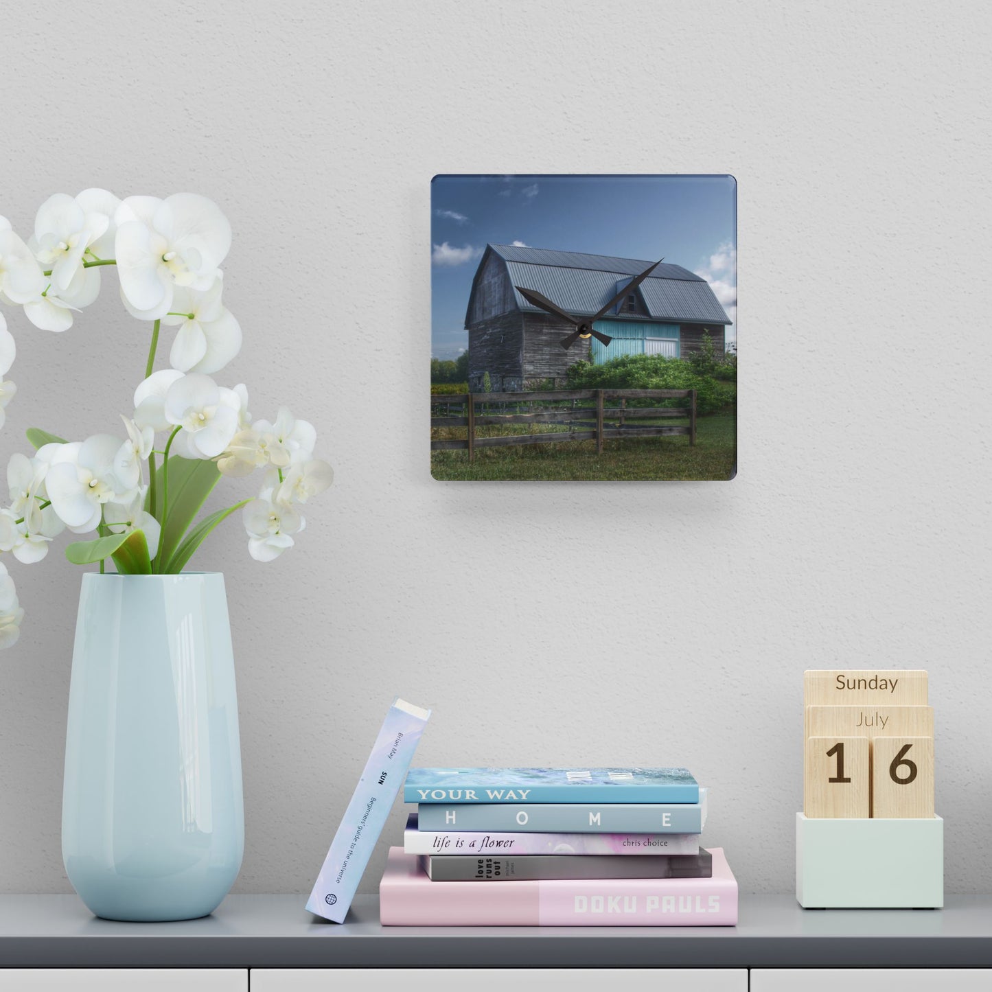 U R There Photography Harris Road Grey Rustic Farmhouse Acrylic Analog Wall Clock