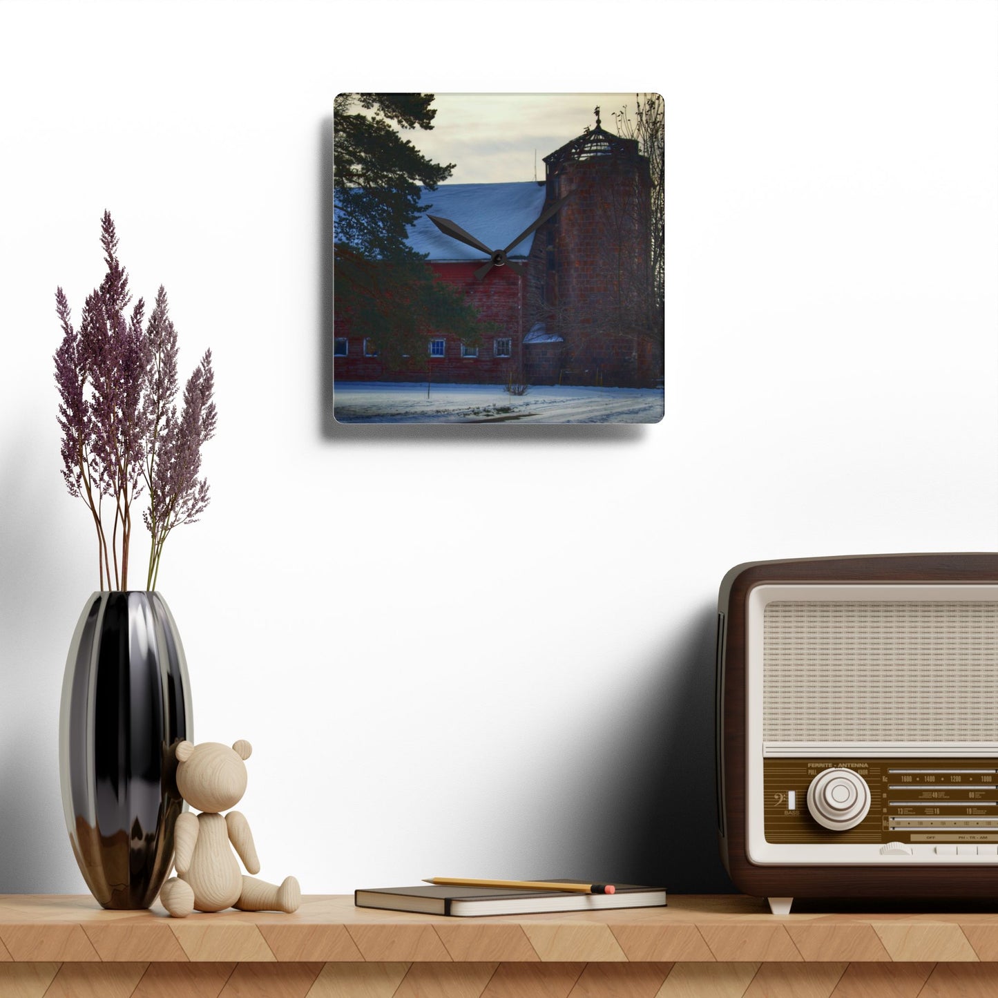 U R There Photography Ebeling Road Red Rustic Farmhouse Acrylic Analog Wall Clock