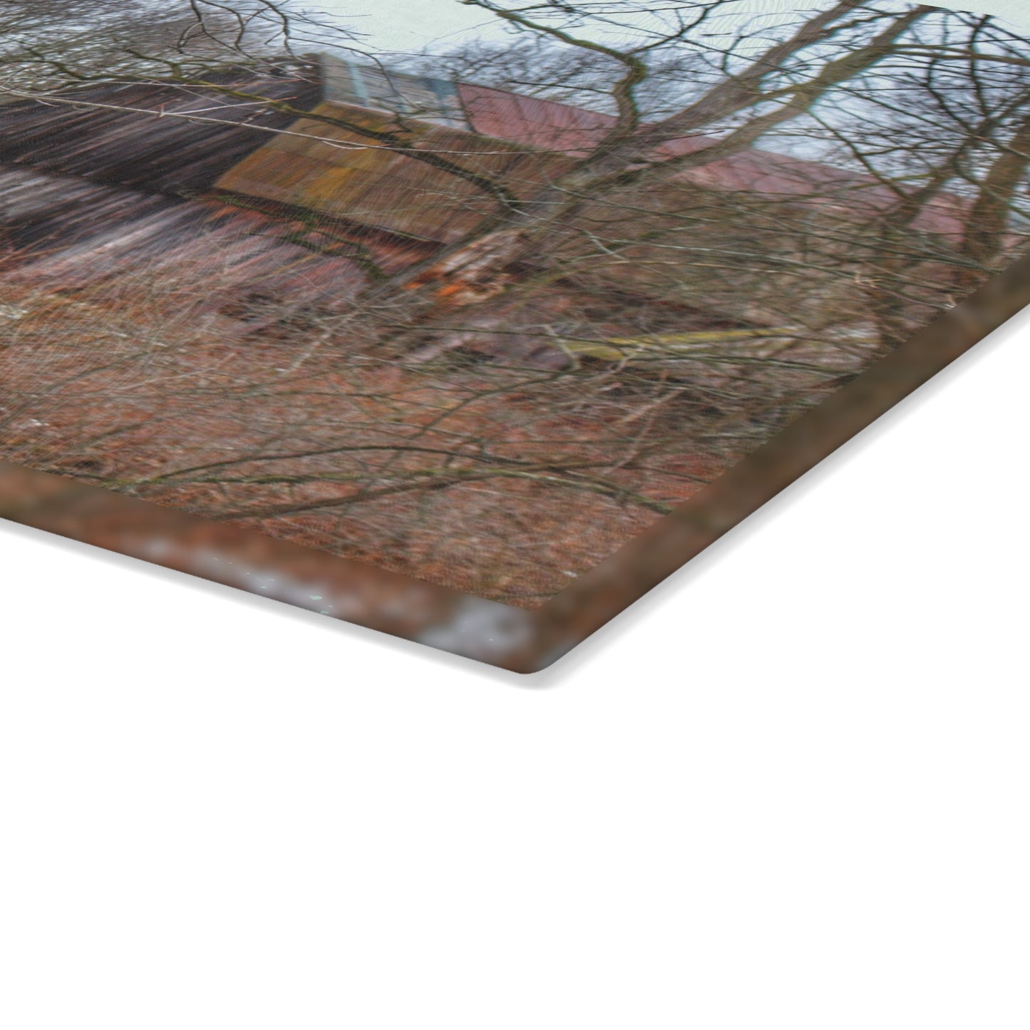 U R There Photography West Barnes Lake Hidden Red Rustic Farmhouse Tempered-Glass Cutting Board